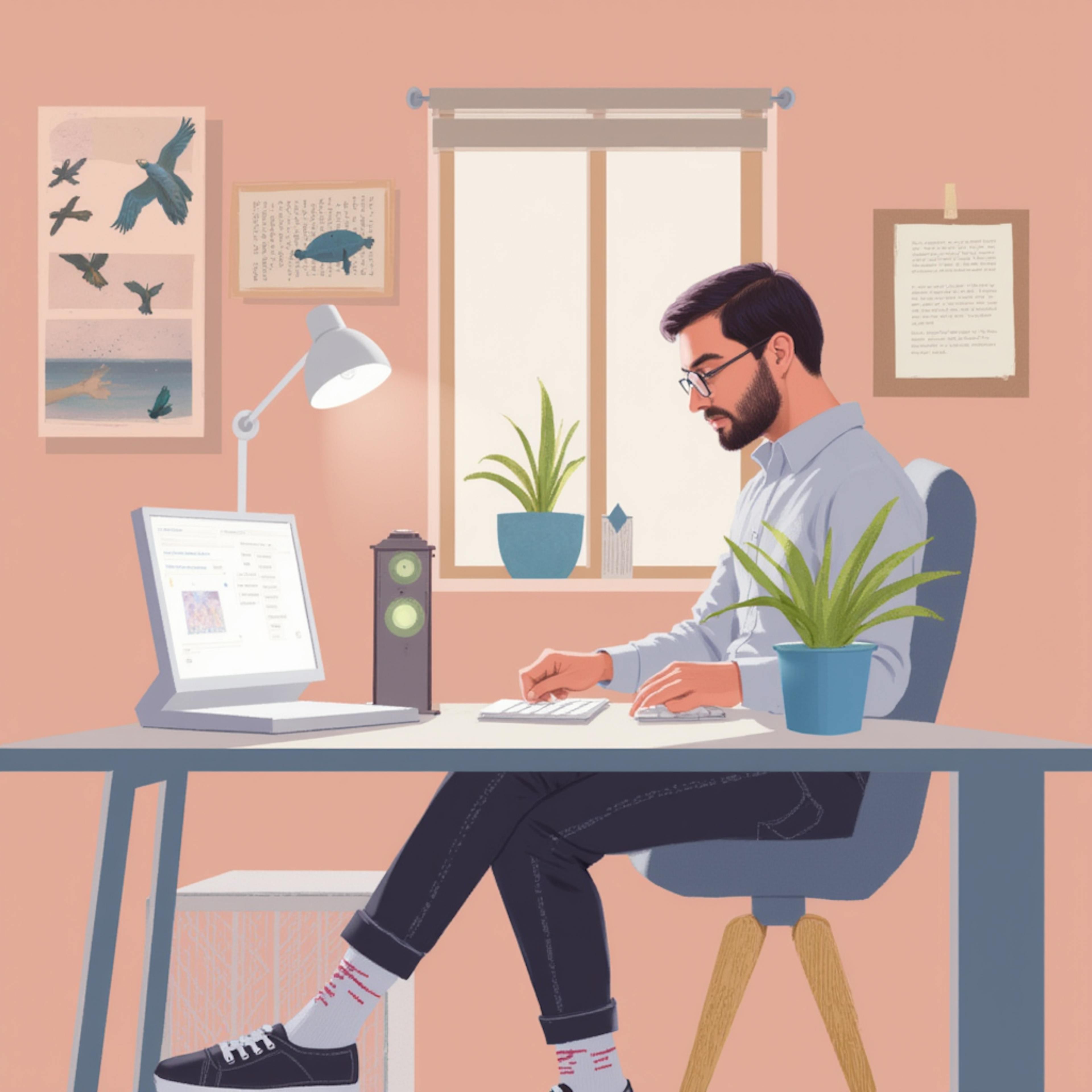 A digital illustration of a man working at a stylish desk with plants, a computer, and framed artwork in the background. The clean and visually appealing workspace reflects why is graphic design important—it enhances aesthetics, organization, and user experience in both physical and digital spaces.