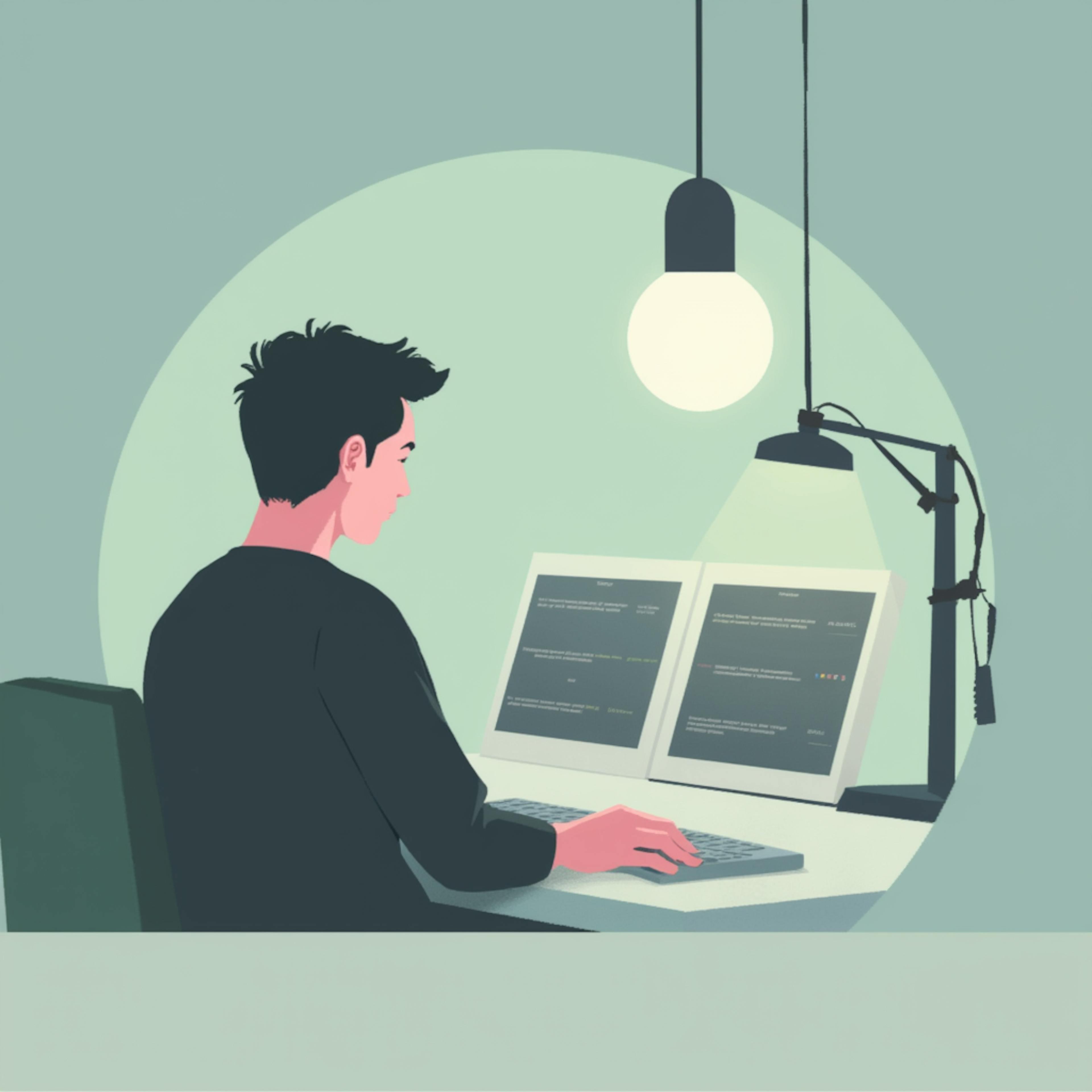 A modern, minimalistic illustration of a person working on dual computer monitors under a focused desk lamp. The dark-themed interface and structured composition emphasize why is graphic design important in creating clear, visually engaging, and effective user interfaces.