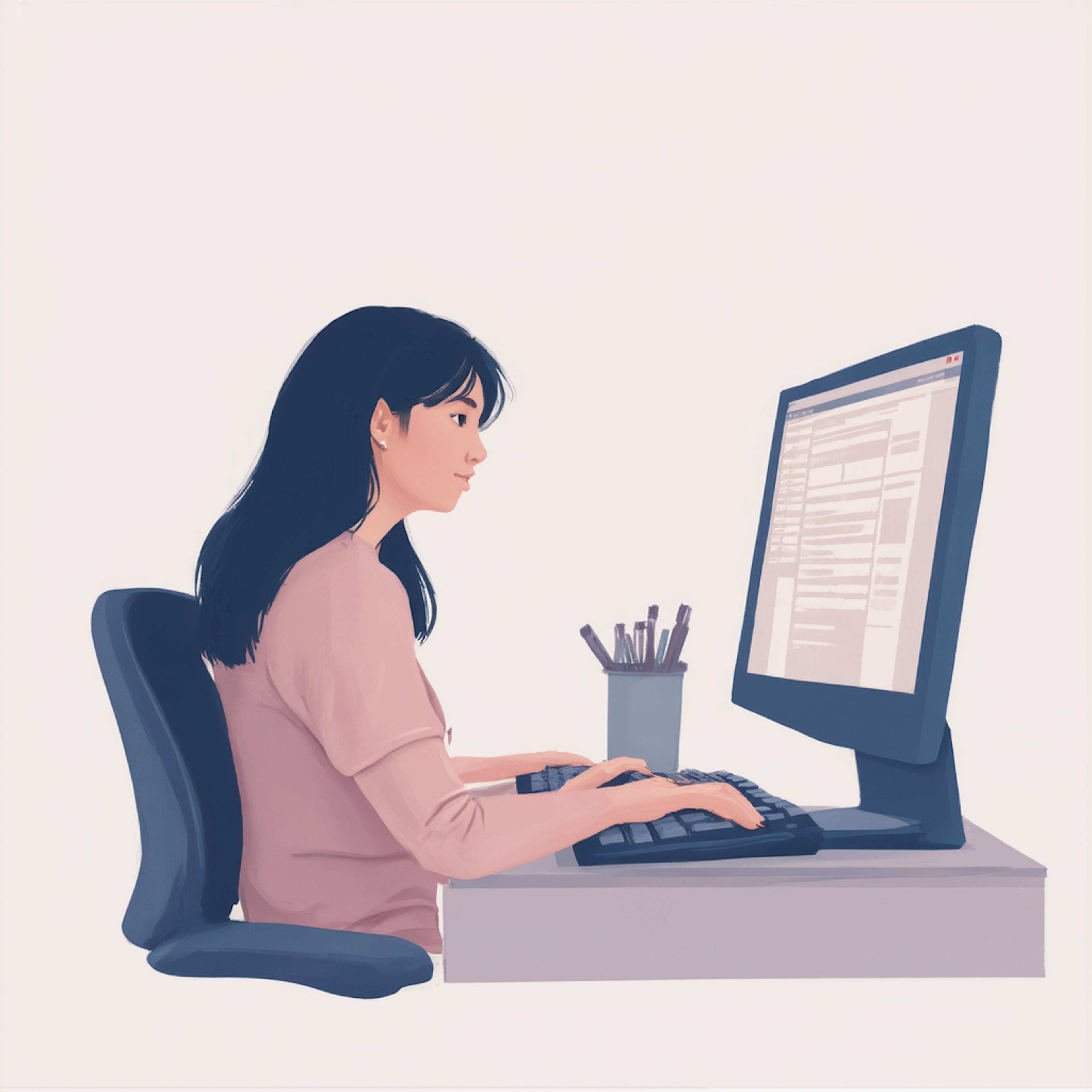 A woman in a soft pink shirt working at a desktop computer, appearing concentrated as she types. The minimalistic design and muted colors suggest an analysis or study, possibly related to understanding what is clickbait in digital content.