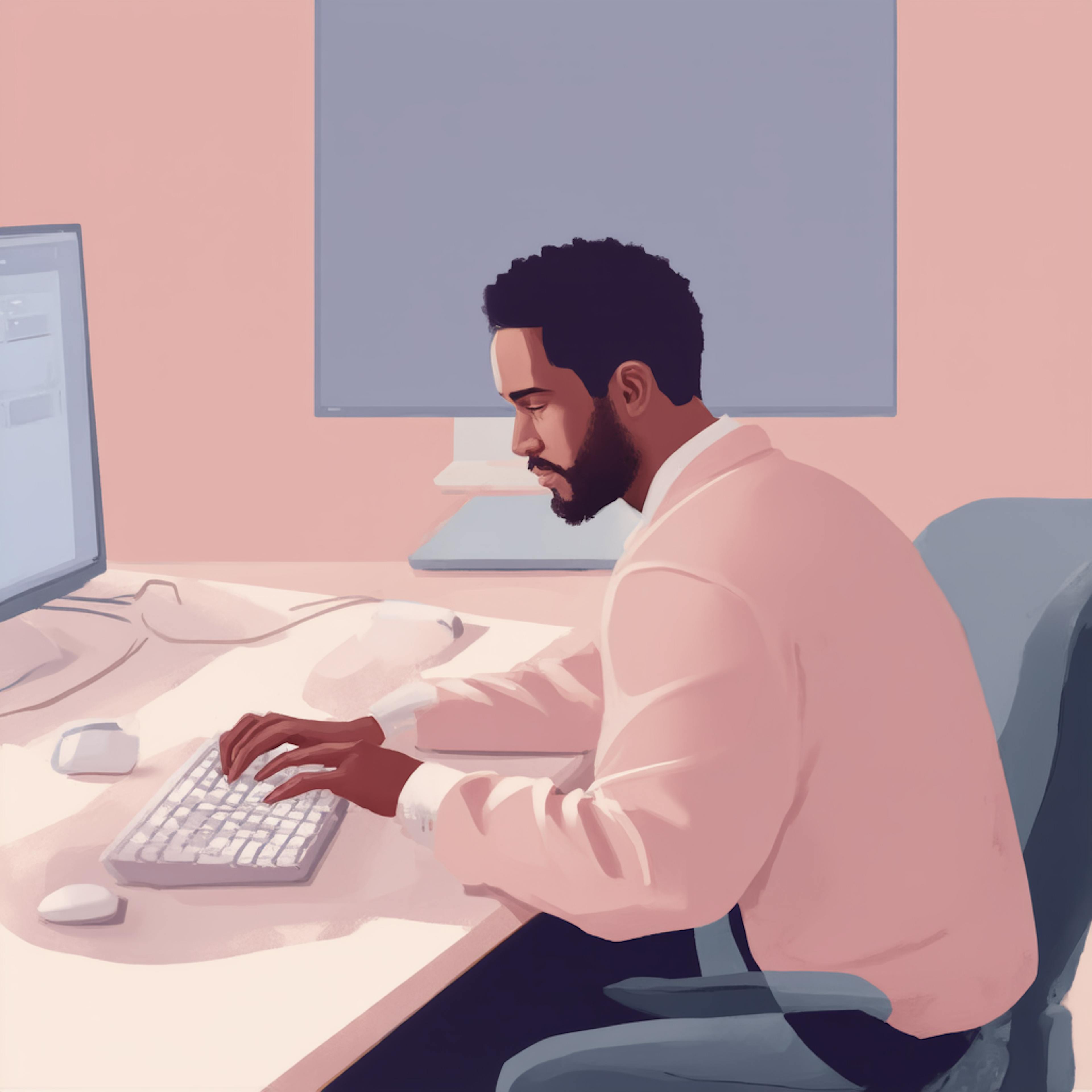 A digital illustration of a man in a pink shirt sitting at a desk, typing on a keyboard while focused on his computer screen. The warm-toned background and modern workspace symbolize online engagement, making it a fitting representation for discussions about what is clickbait.