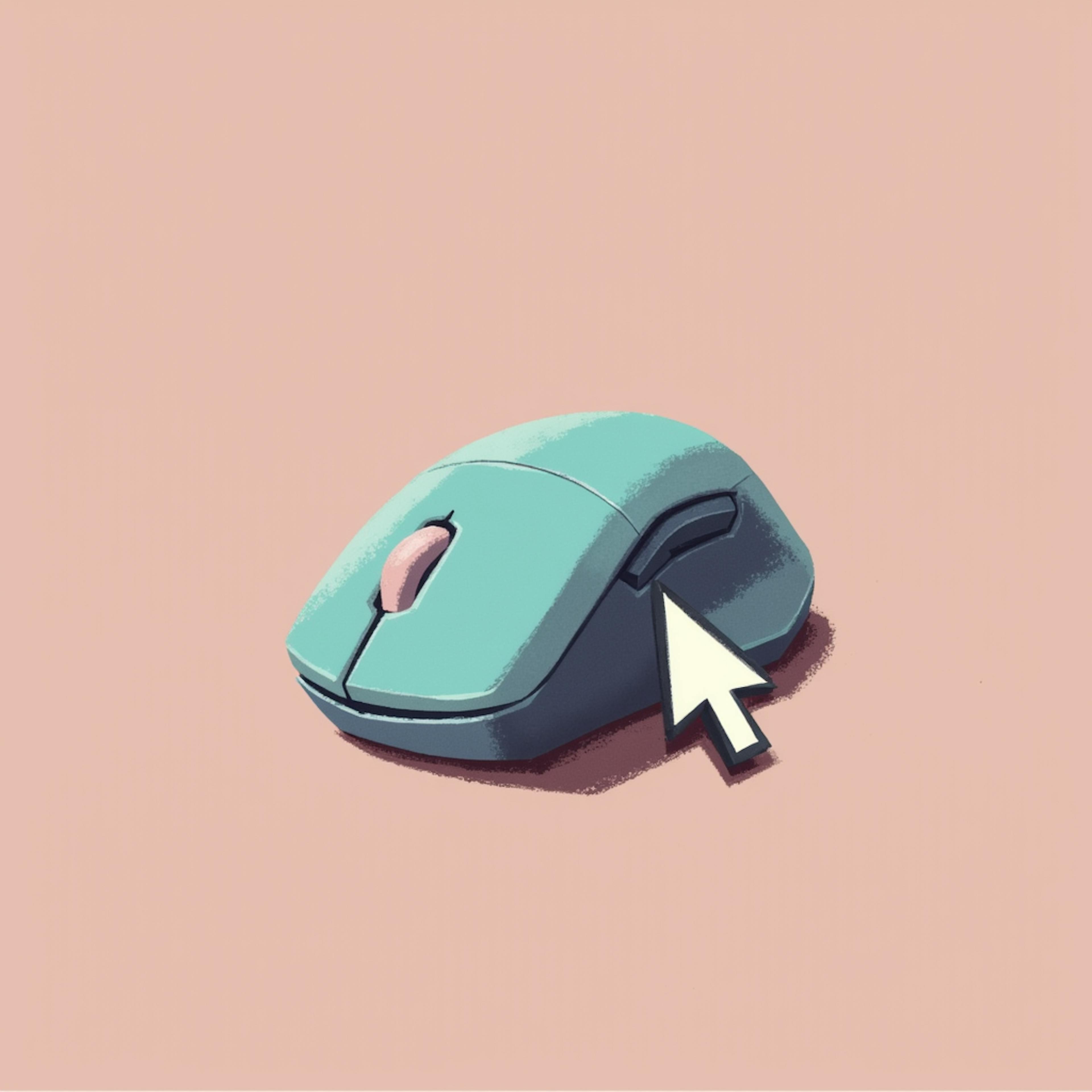 A stylized teal computer mouse with a large cursor arrow on a pink background. The simple yet striking design highlights the concept of user interaction, a key factor in answering the question, "what is clickbait?"