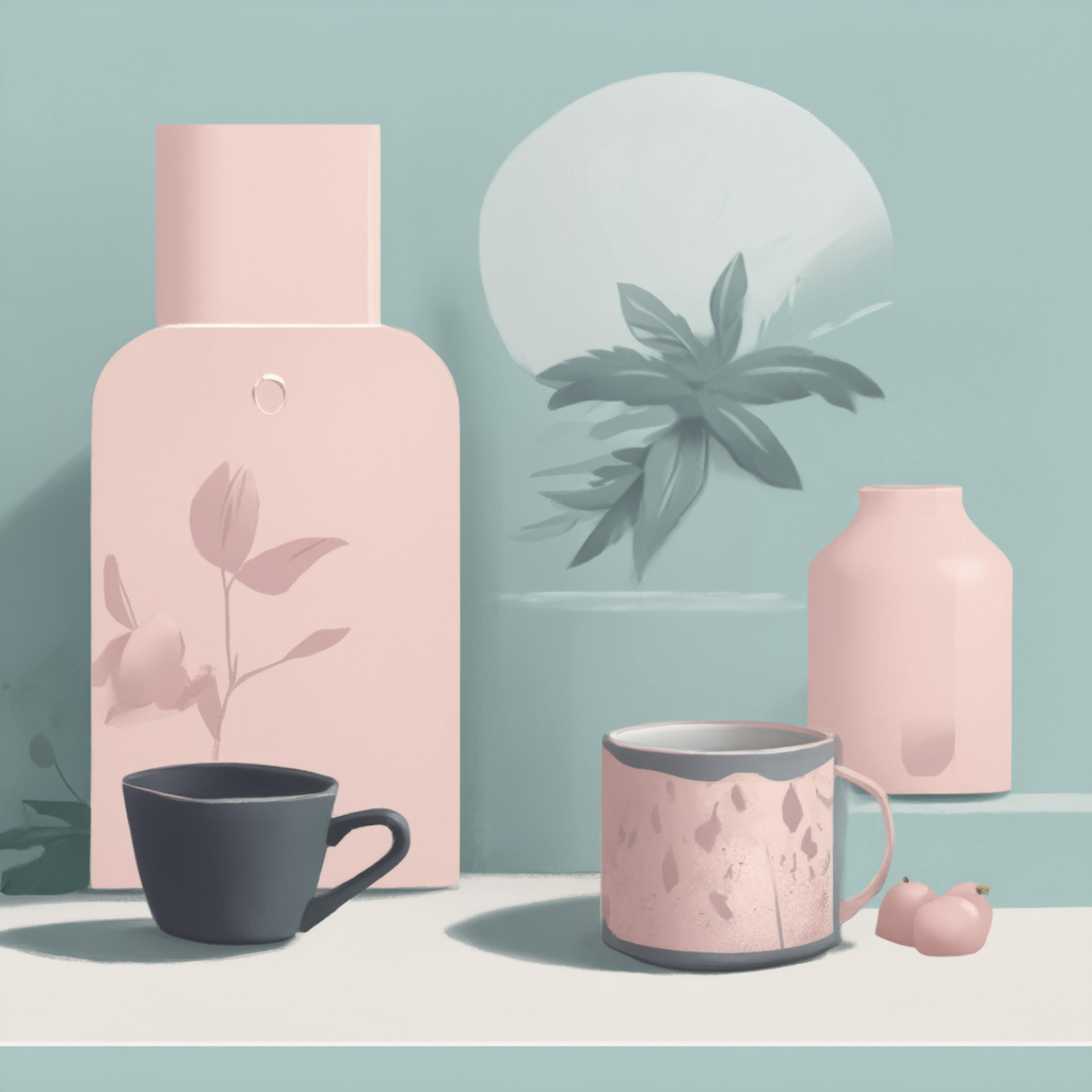 A soft, pastel-toned still life featuring minimalist bottles, cups, and decorative elements against a serene backdrop. The balanced color scheme and aesthetic composition evoke the essence of visual identity, making it a perfect representation for discussions about what is branding.