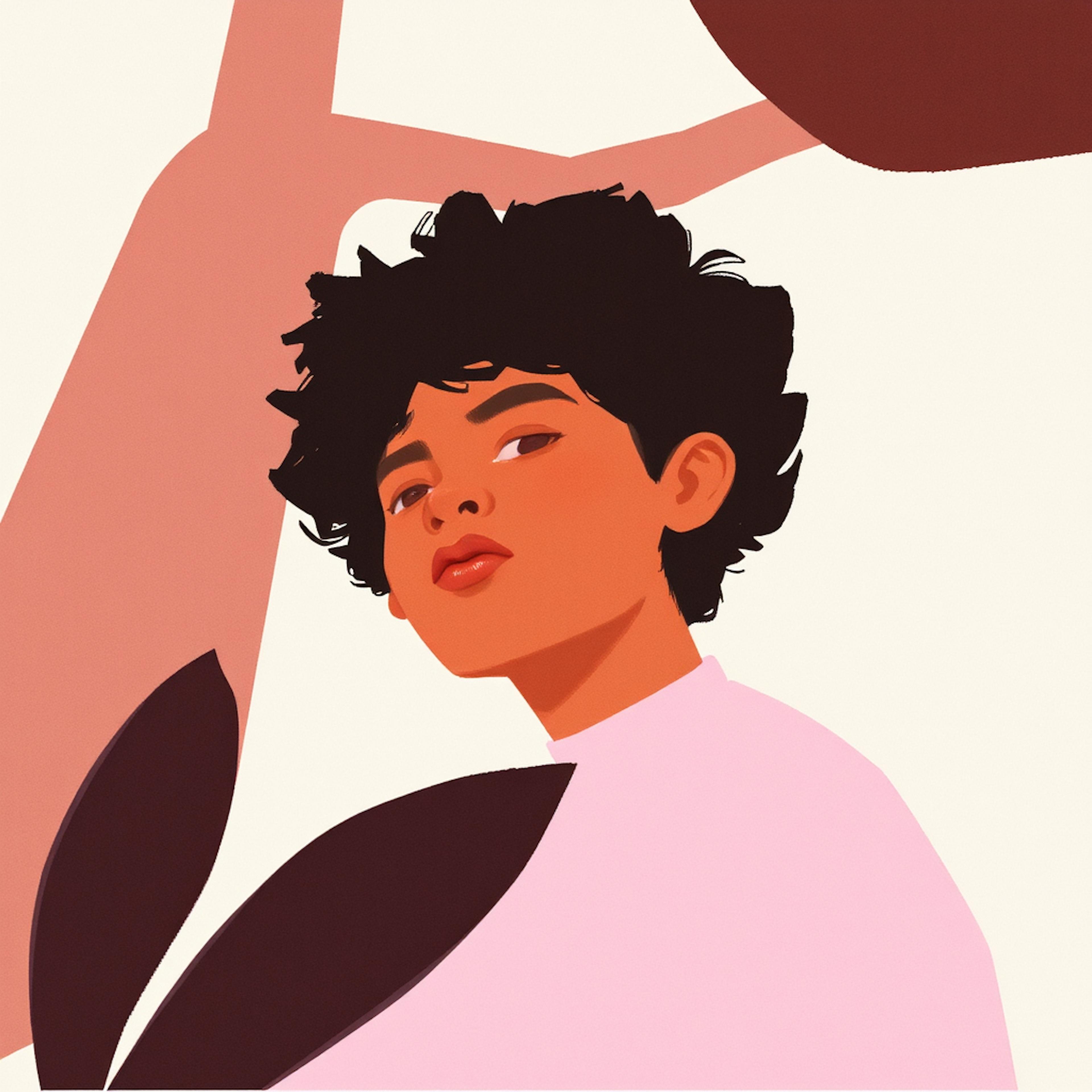 A stylized digital illustration of a confident individual with short curly hair, wearing a pink top, set against abstract organic shapes. The bold colors and strong visual identity reflect personal branding, aligning with the question what is branding in the context of self-image and design.