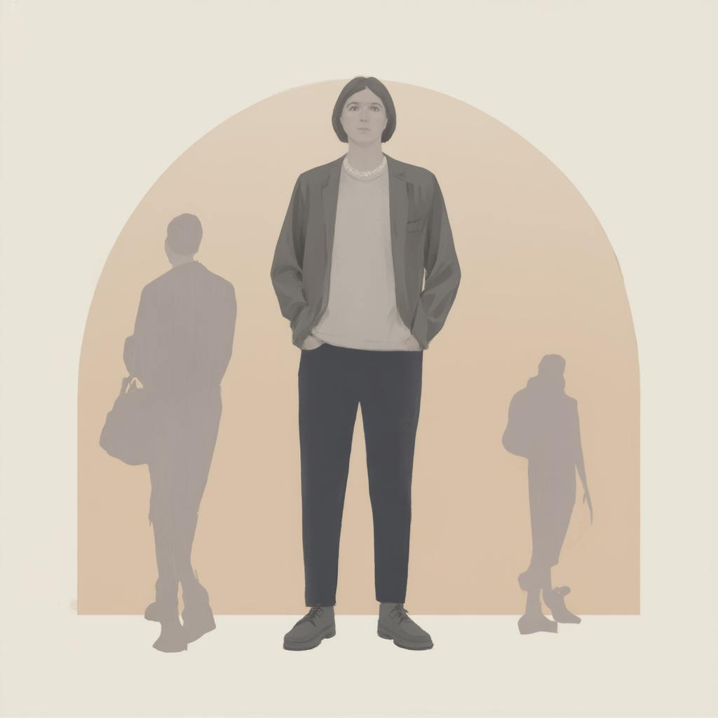 A monochromatic digital artwork of a person standing confidently in front of an arched background, with shadowed silhouettes representing different personas. The visual metaphor highlights what is a branding kit by illustrating the concept of identity, perception, and storytelling in branding strategies.