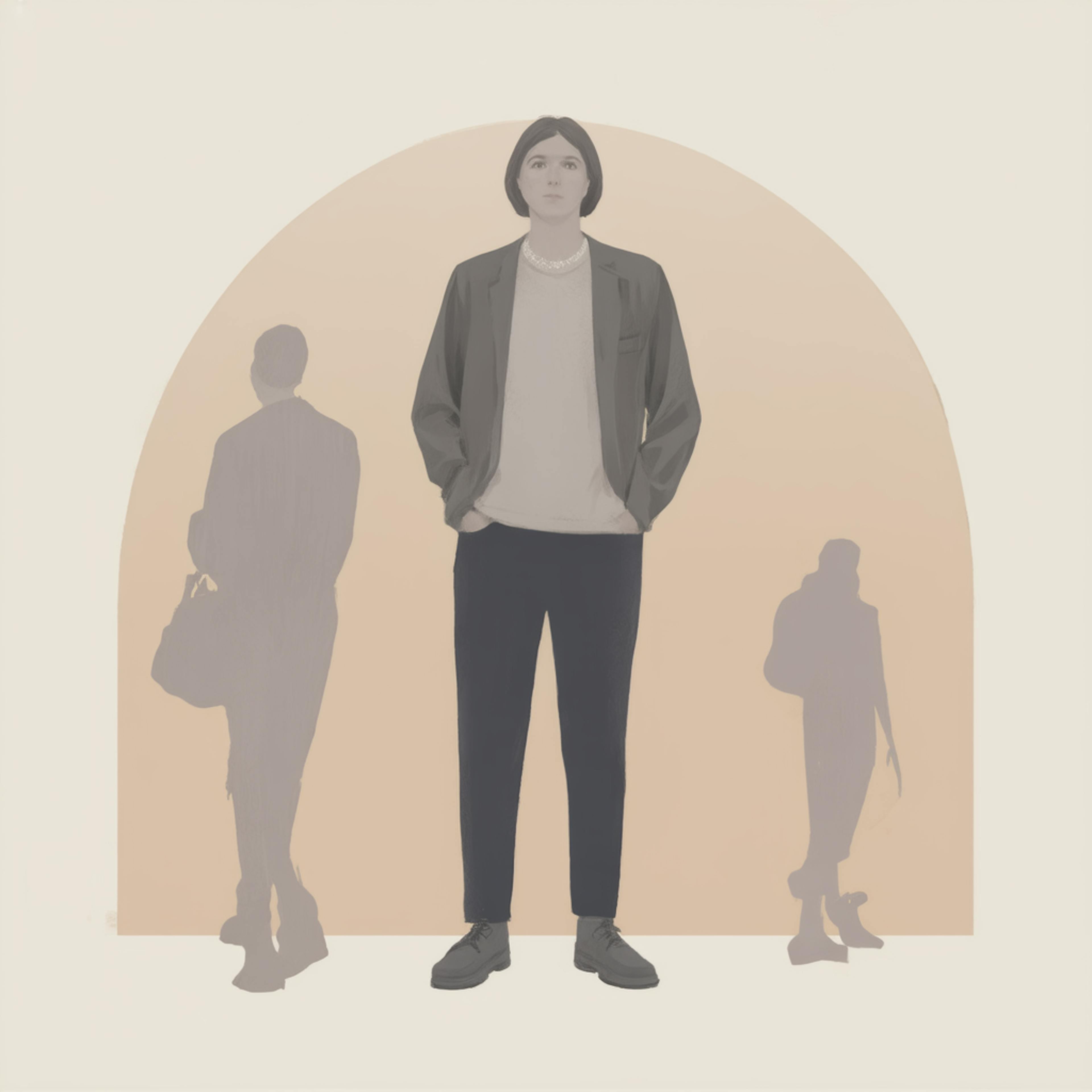 A monochromatic digital artwork of a person standing confidently in front of an arched background, with shadowed silhouettes representing different personas. The visual metaphor highlights what is branding by illustrating the concept of identity, perception, and storytelling in branding strategies.