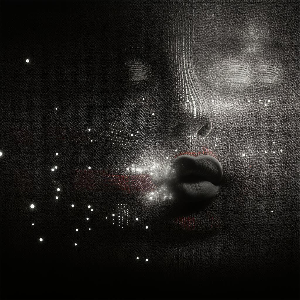 A surreal black-and-white digital illustration of a woman's face emerging from darkness, with glowing light particles accentuating her features. The textured details and dreamlike effect raise the question what is an illustration, blurring the line between realism and abstraction.