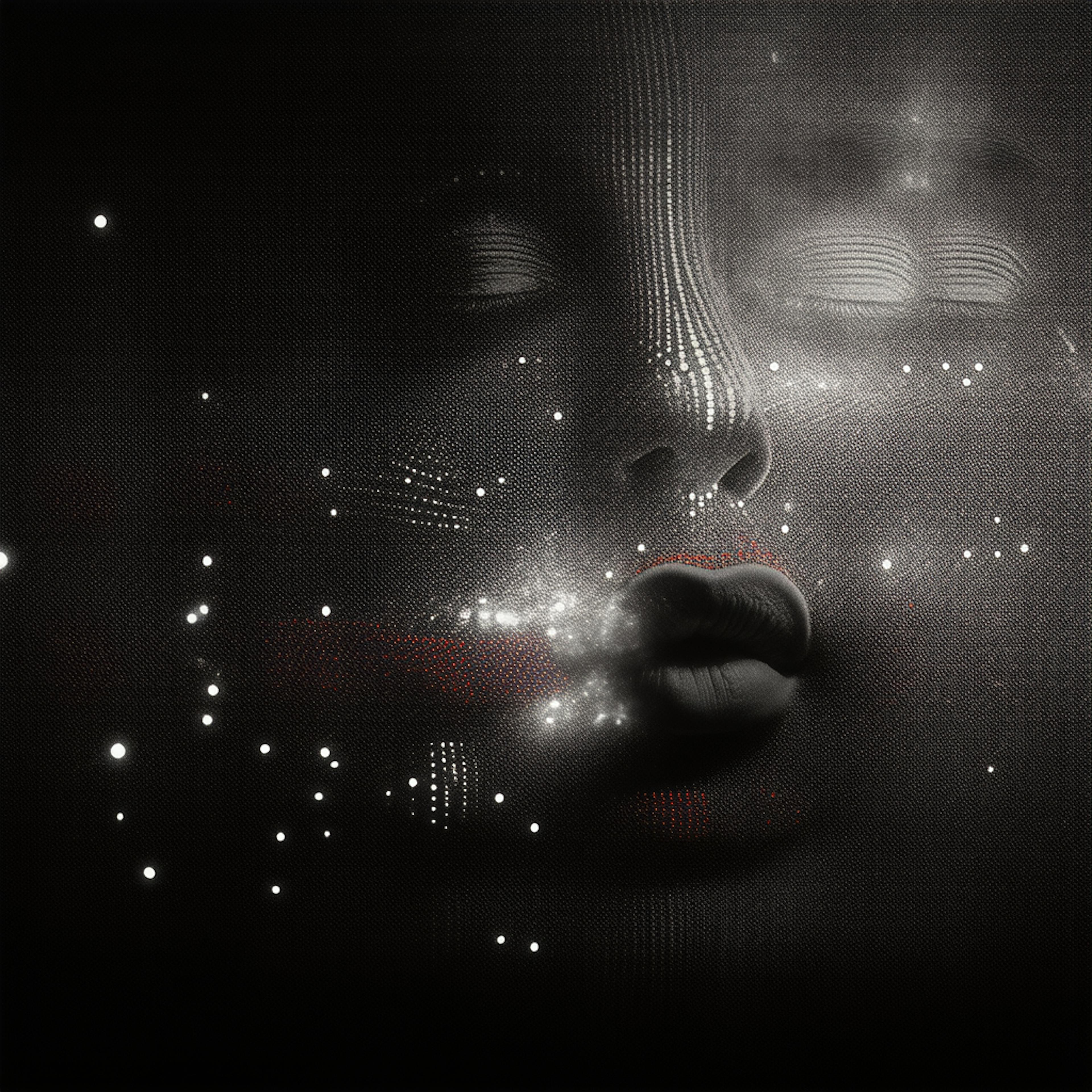 A surreal black-and-white digital illustration of a woman's face emerging from darkness, with glowing light particles accentuating her features. The textured details and dreamlike effect raise the question what is an illustration, blurring the line between realism and abstraction.