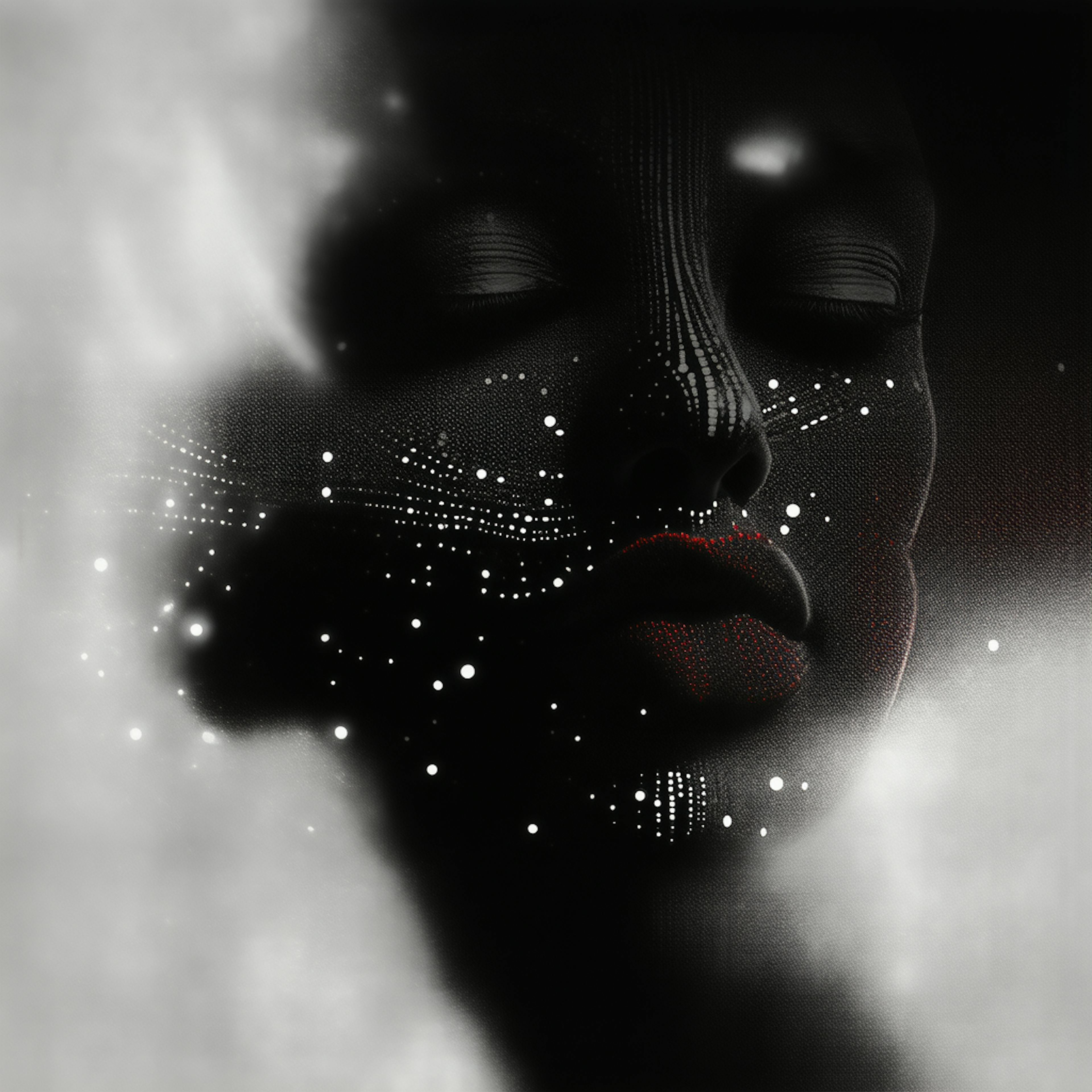 A dramatic close-up of a woman’s face, partially obscured by shadows, with luminous dots and intricate patterns forming across her skin. The high-contrast aesthetic and stylized elements serve as a compelling example for what is an illustration, emphasizing artistic interpretation over realism.