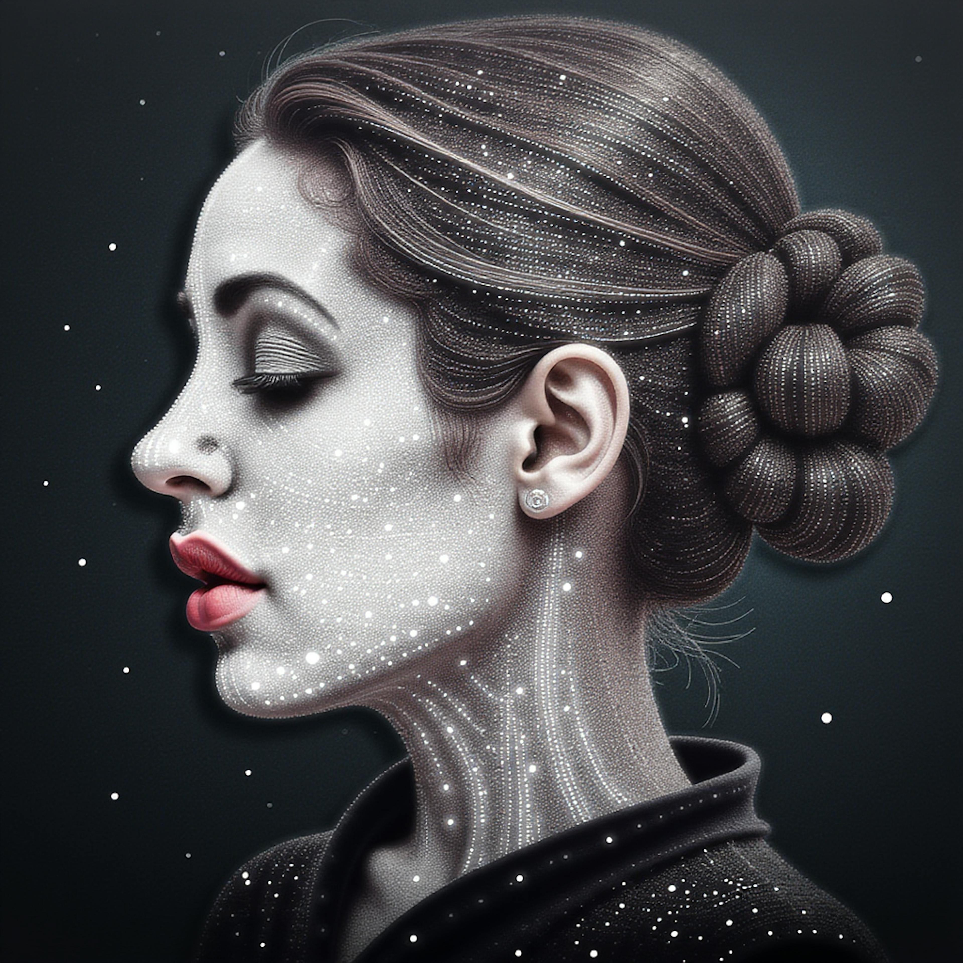 A futuristic, highly detailed portrait of a woman in profile, with glowing lines and dots creating a celestial effect on her skin. The fusion of realism and digital artistry offers a striking answer to what is an illustration, showcasing how textures, light, and creativity define visual storytelling.