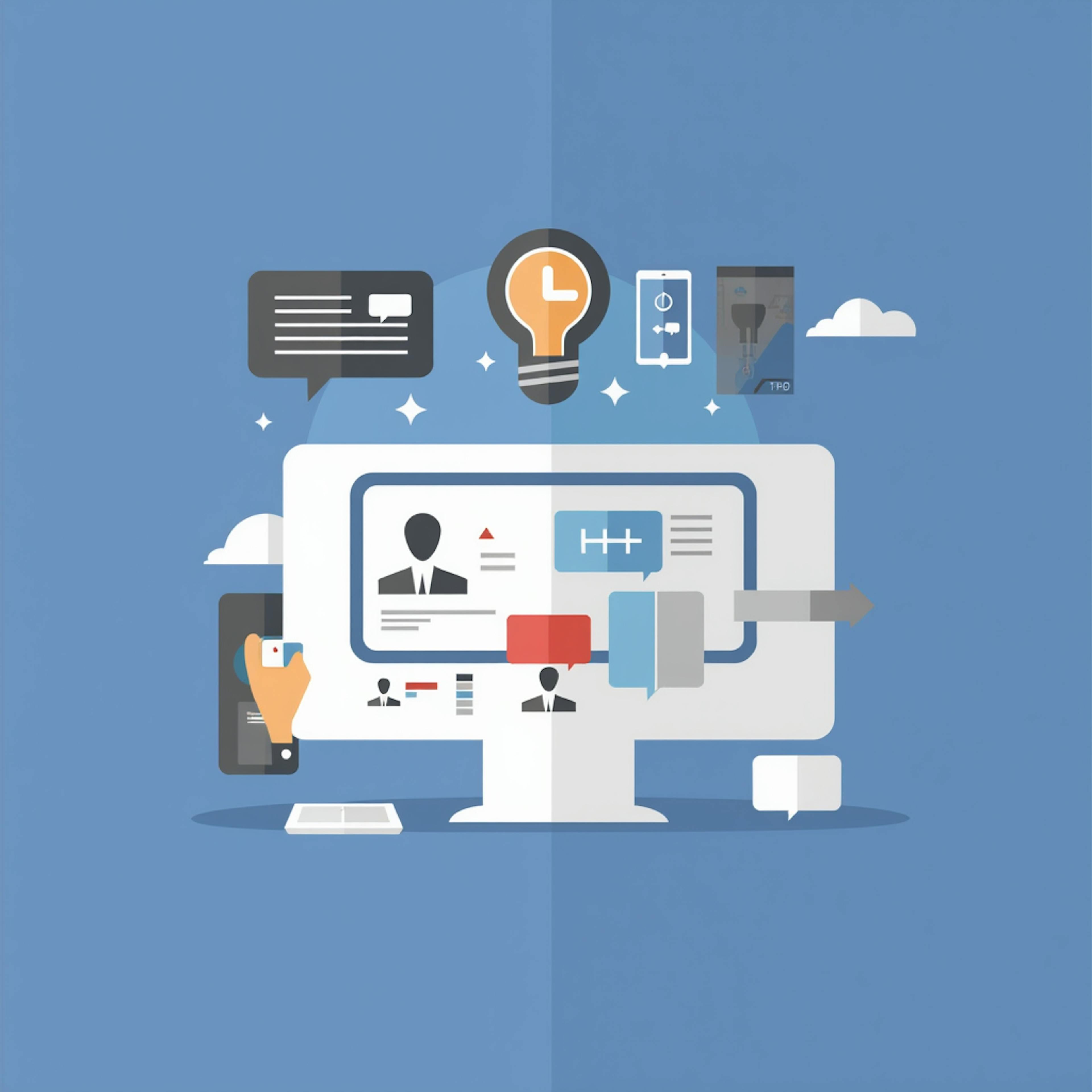 A flat design style illustration of a desktop interface surrounded by cloud icons, lightbulbs, and chat bubbles, symbolizing digital collaboration and technology. Keywords: "saas website ux design portfolio."