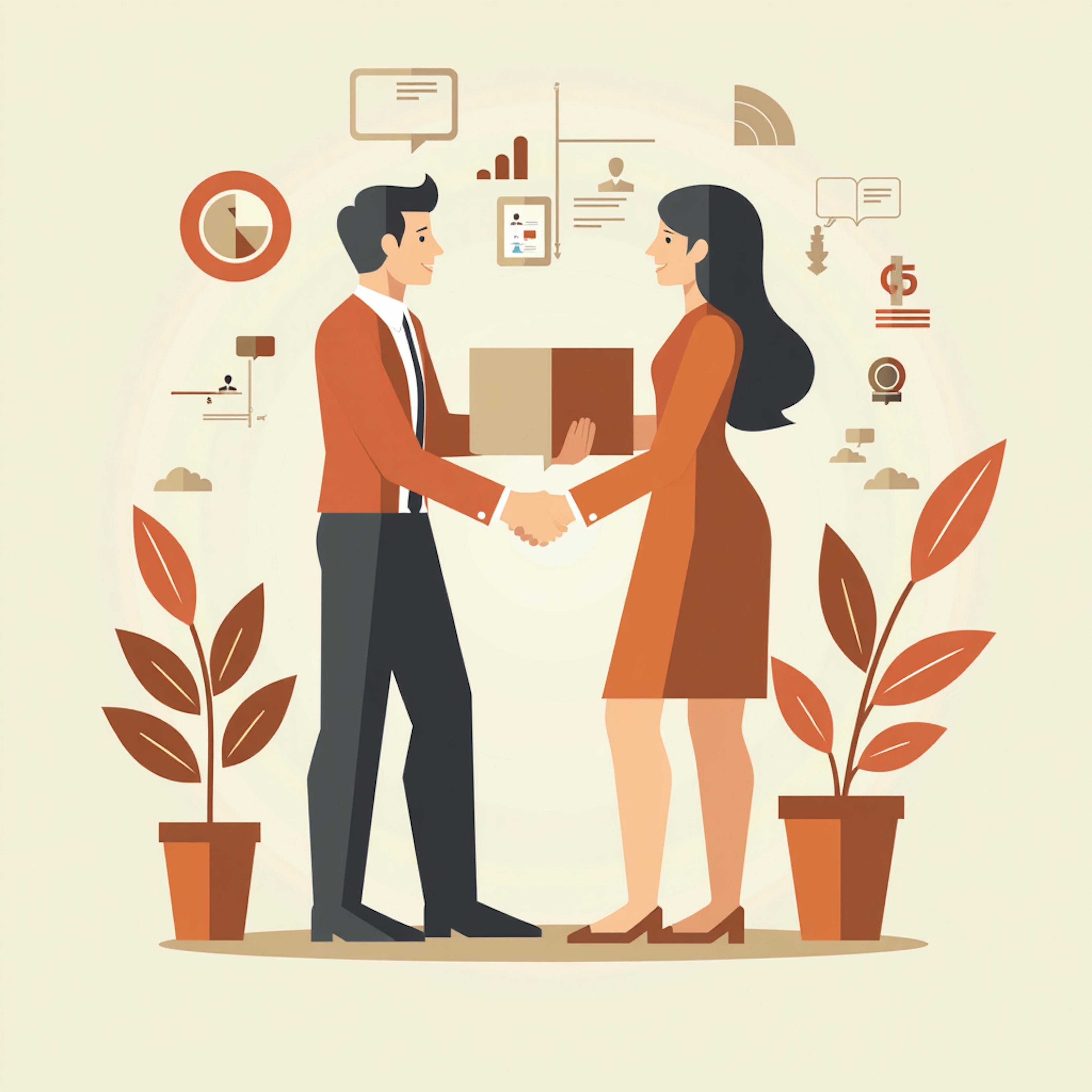 A business-themed illustration of two professionals shaking hands, with graphical icons representing data and collaborative tools in the background. Keywords: "saas website ux design portfolio."