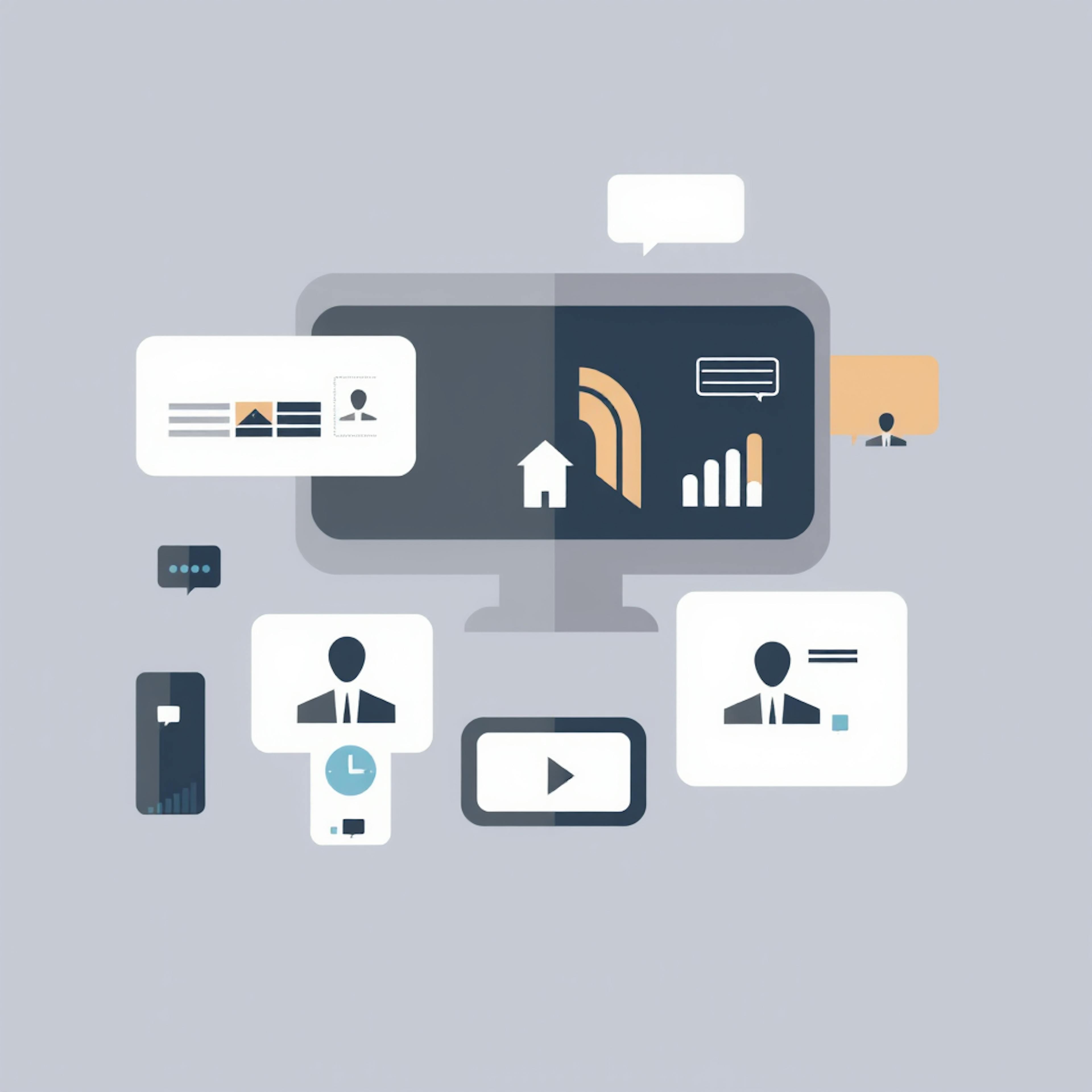 An abstract illustration of a desktop monitor surrounded by icons and UI elements, showcasing a simplified representation of business analytics and interactions. Keywords: "saas website ux design portfolio."