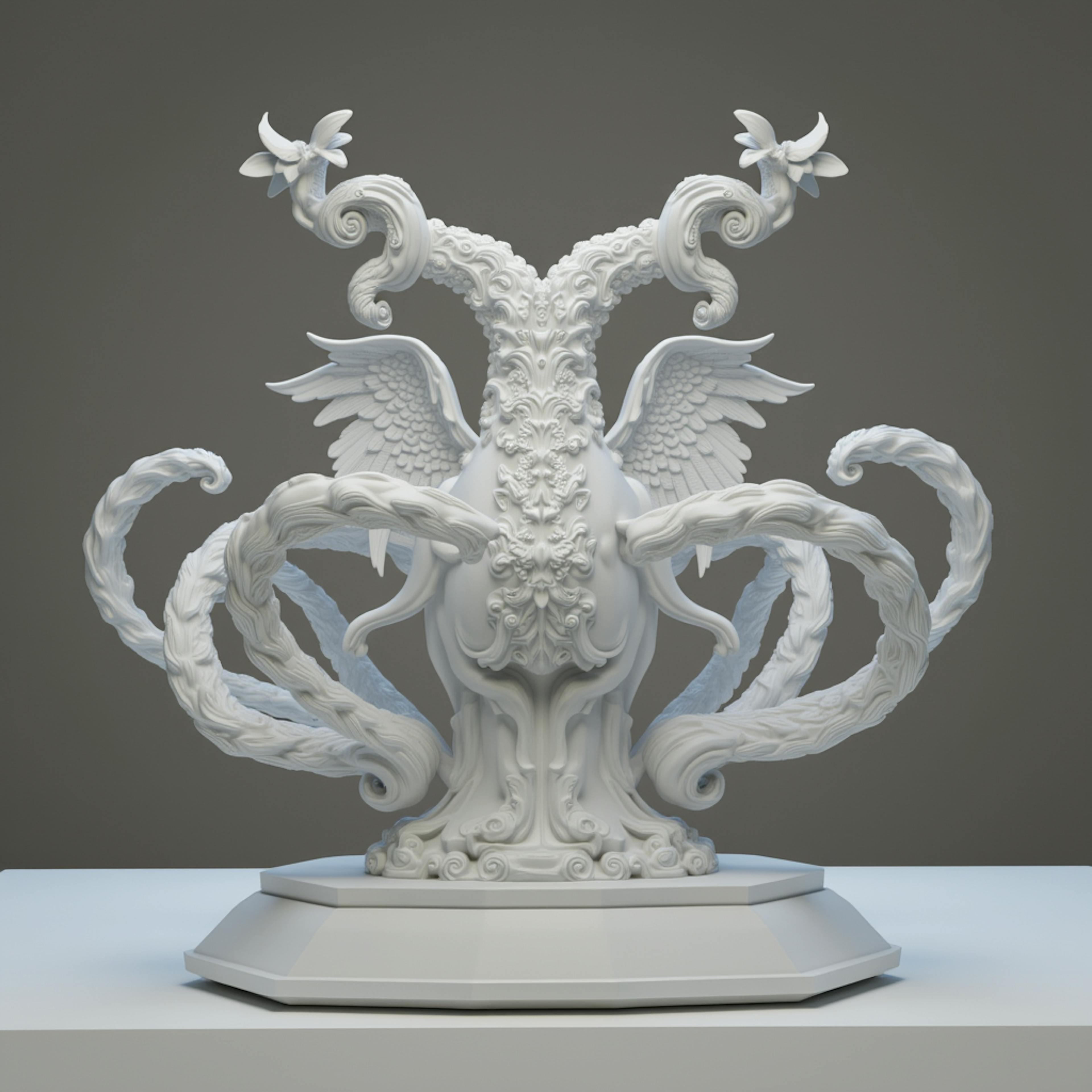 An intricate white sculpture featuring flowing patterns, wings, and floral designs, showcasing the innovation of AI in the art industry.