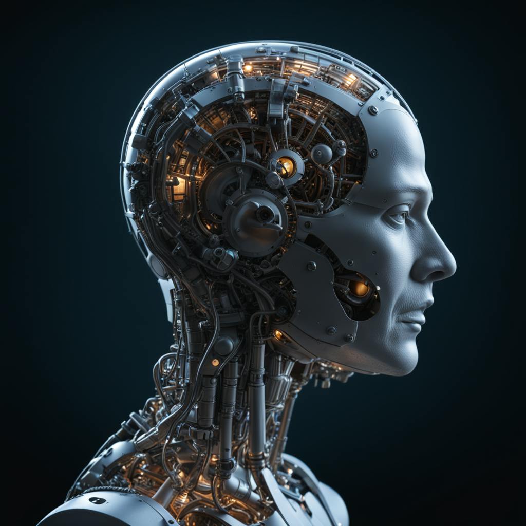 A side profile of a highly detailed humanoid robot with visible internal mechanisms, representing the precision and innovation of an AI graphic design agent in creating lifelike visuals.