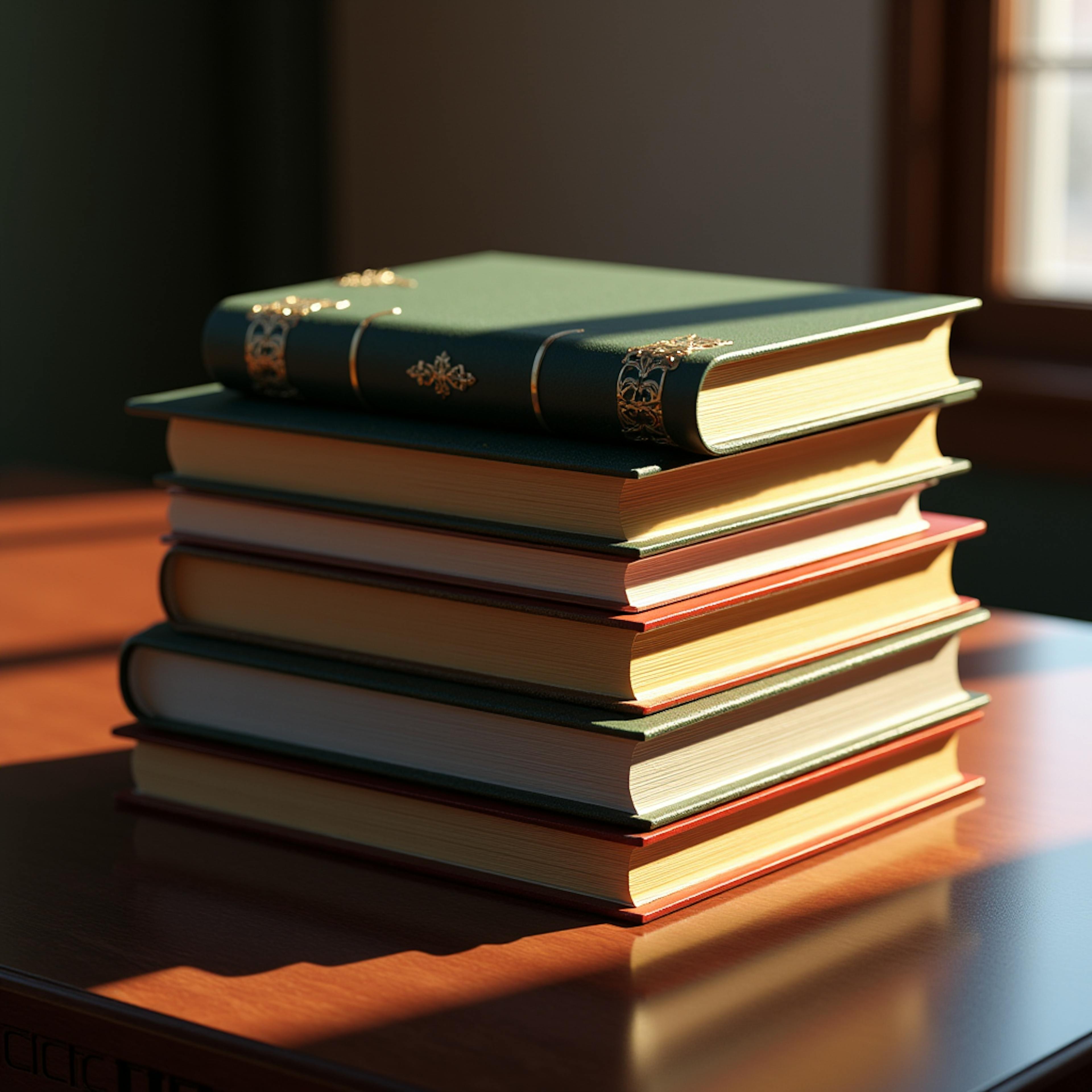 A stack of elegant, hardbound books with intricate gold details, symbolizing how AI is changing the publishing industry by enhancing design and production processes.