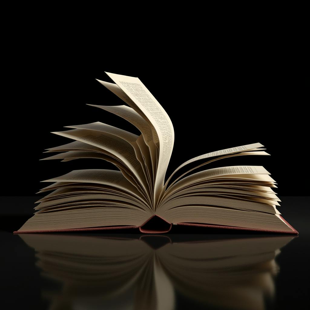 An open book with fluttering pages against a dark background, illustrating the dynamic impact of AI in the publishing industry, from digital content creation to automated editing.
