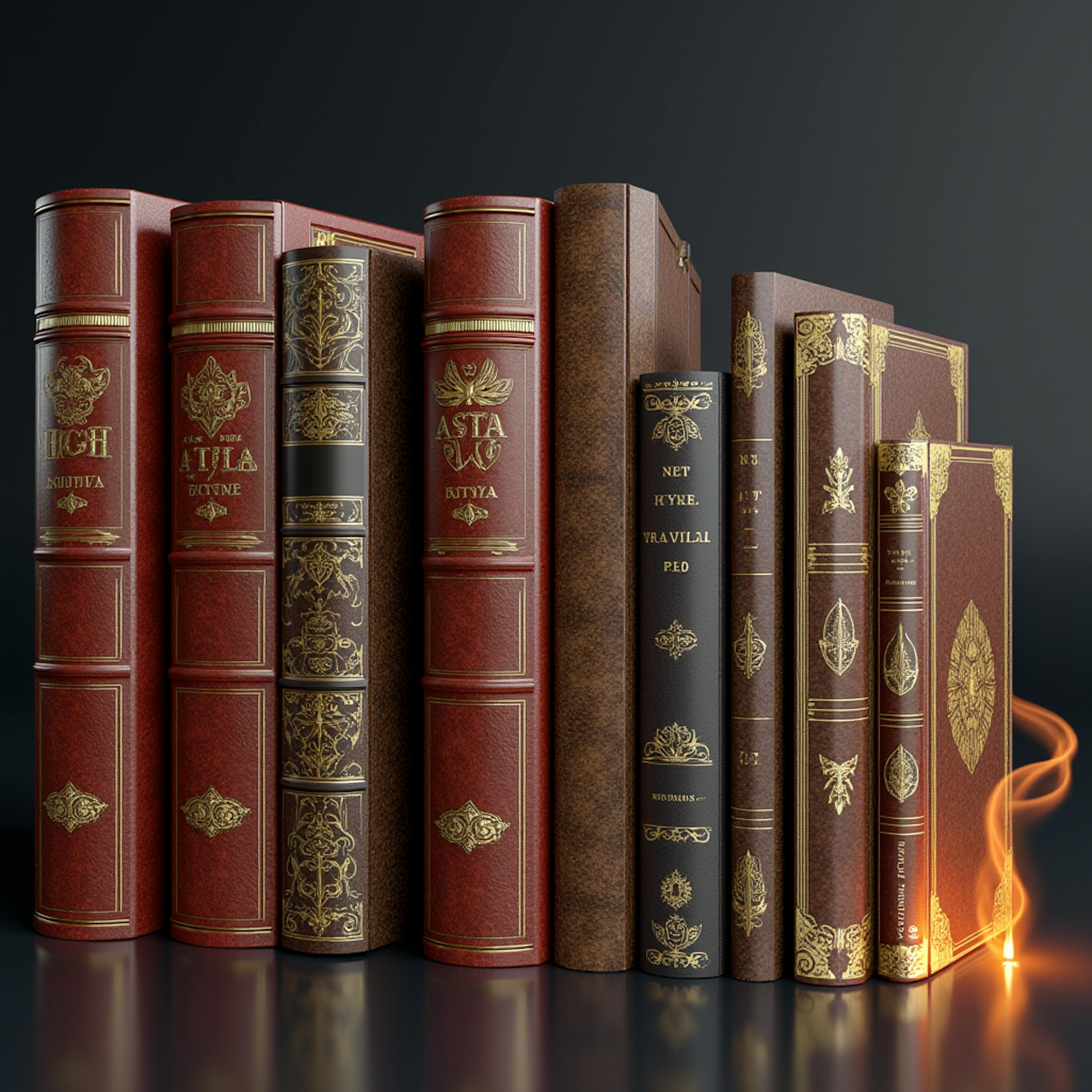 A row of classic leather-bound books with ornate gold embossing, representing the blend of tradition and innovation as AI transforms the publishing industry.