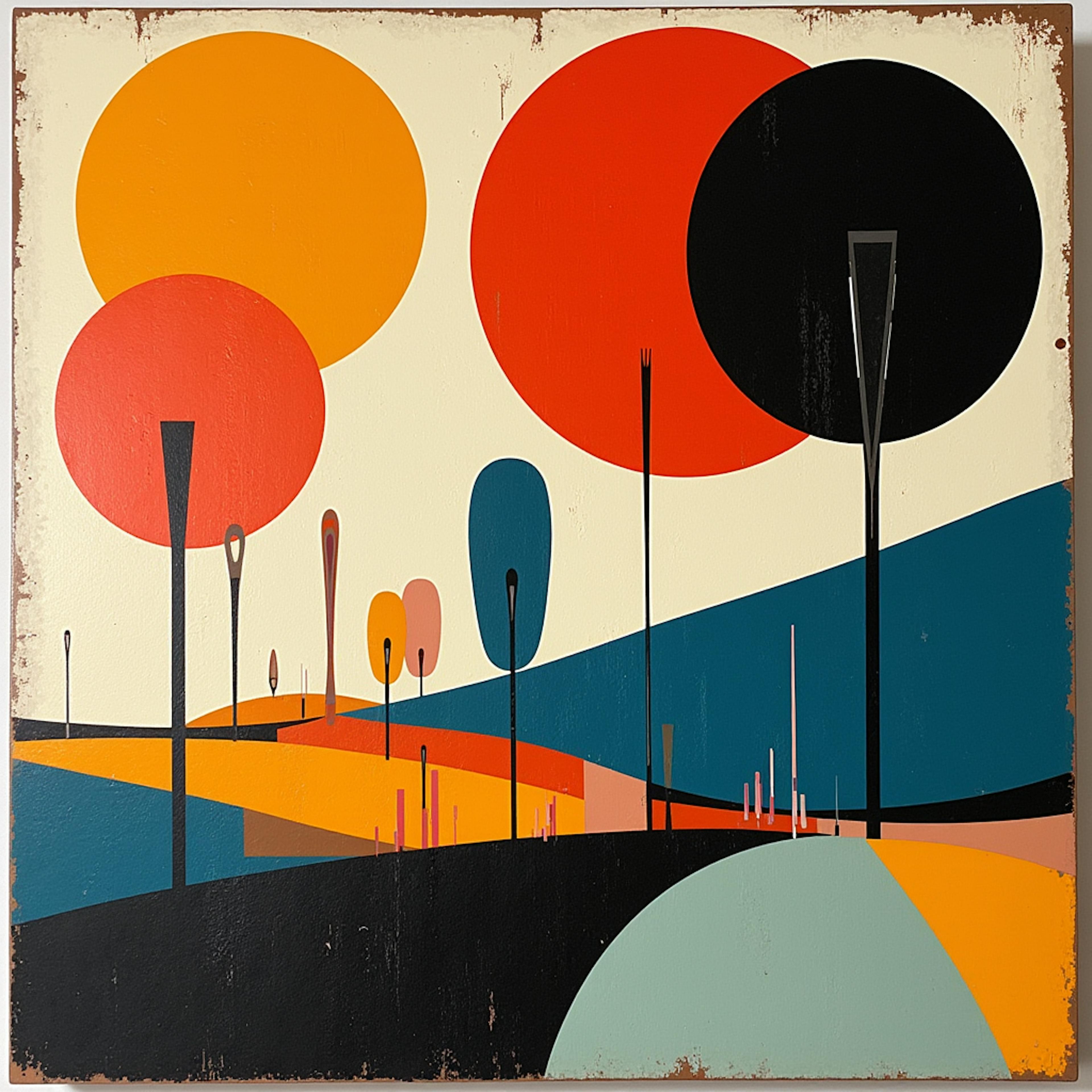 a surreal landscape featuring bold, colorful circles and minimalist trees, representing the creative diversity of abstract art.