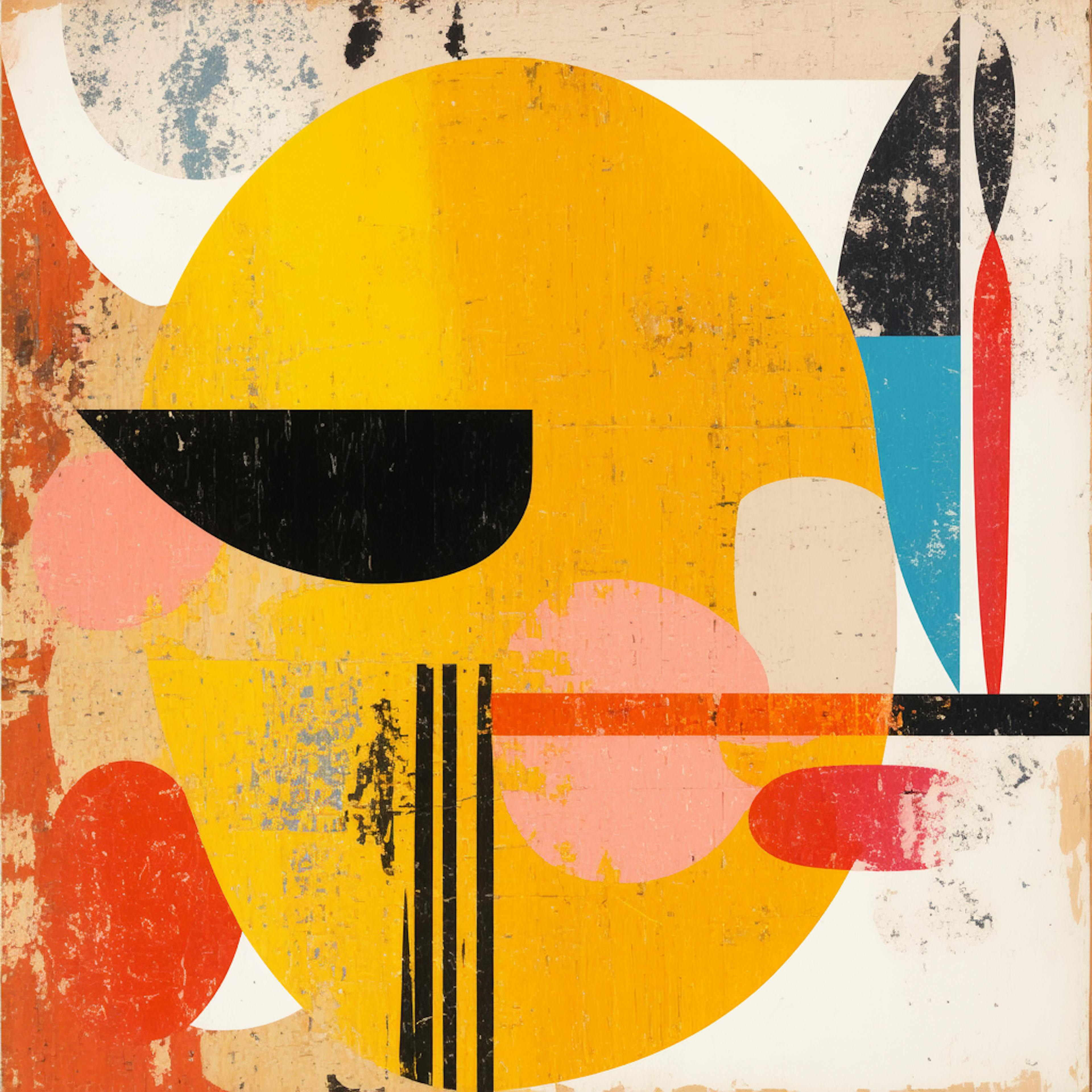 A vibrant composition of geometric shapes in yellow, red, and black, showcasing a textured approach to abstract art.