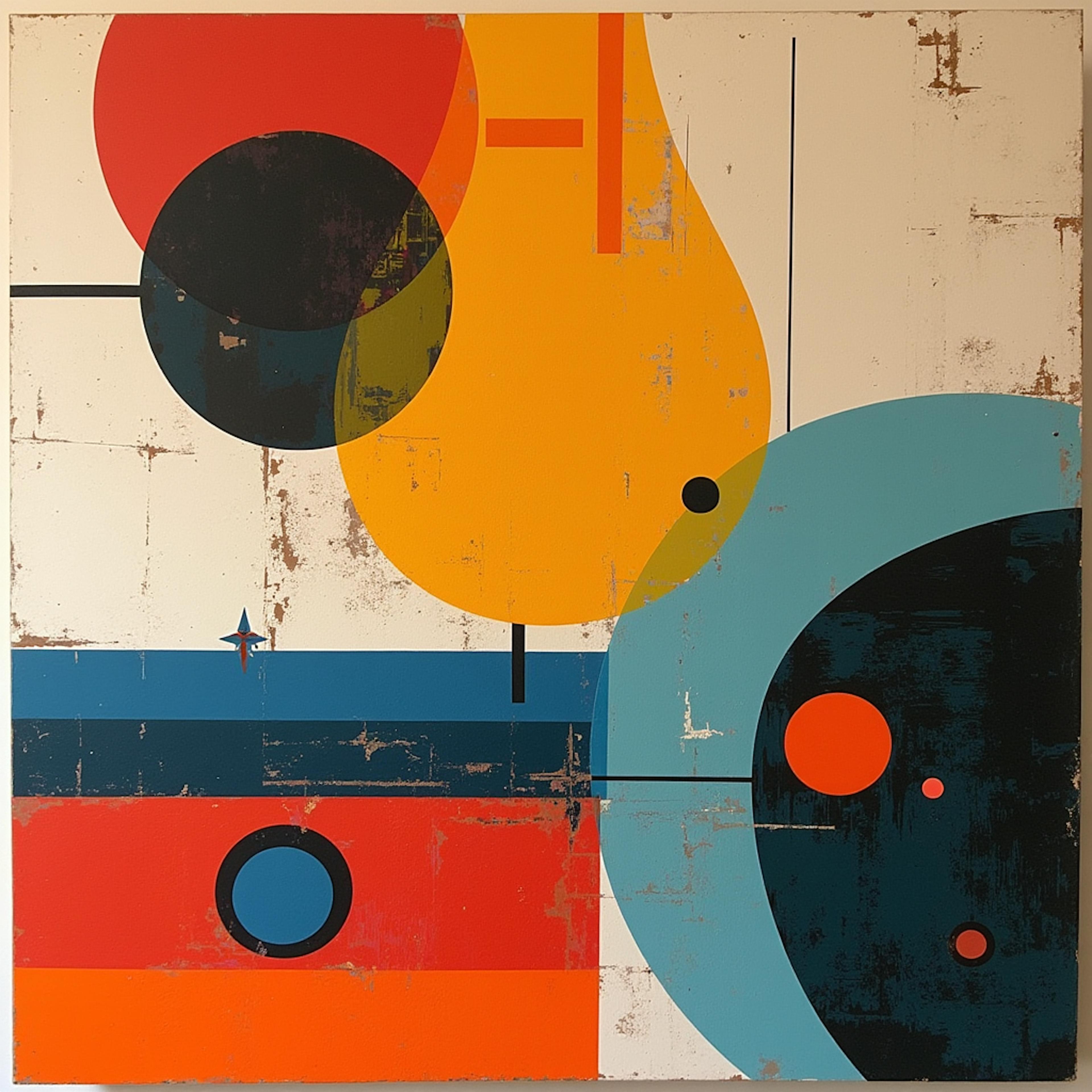 A minimalist design with colorful circles, overlapping shapes, and clean lines, showcasing the interplay of form and color within the 7 elements of art.