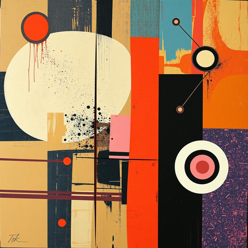 A bold composition of geometric shapes and lines in vibrant colors, illustrating the 7 elements of art through balance, texture, and contrast.