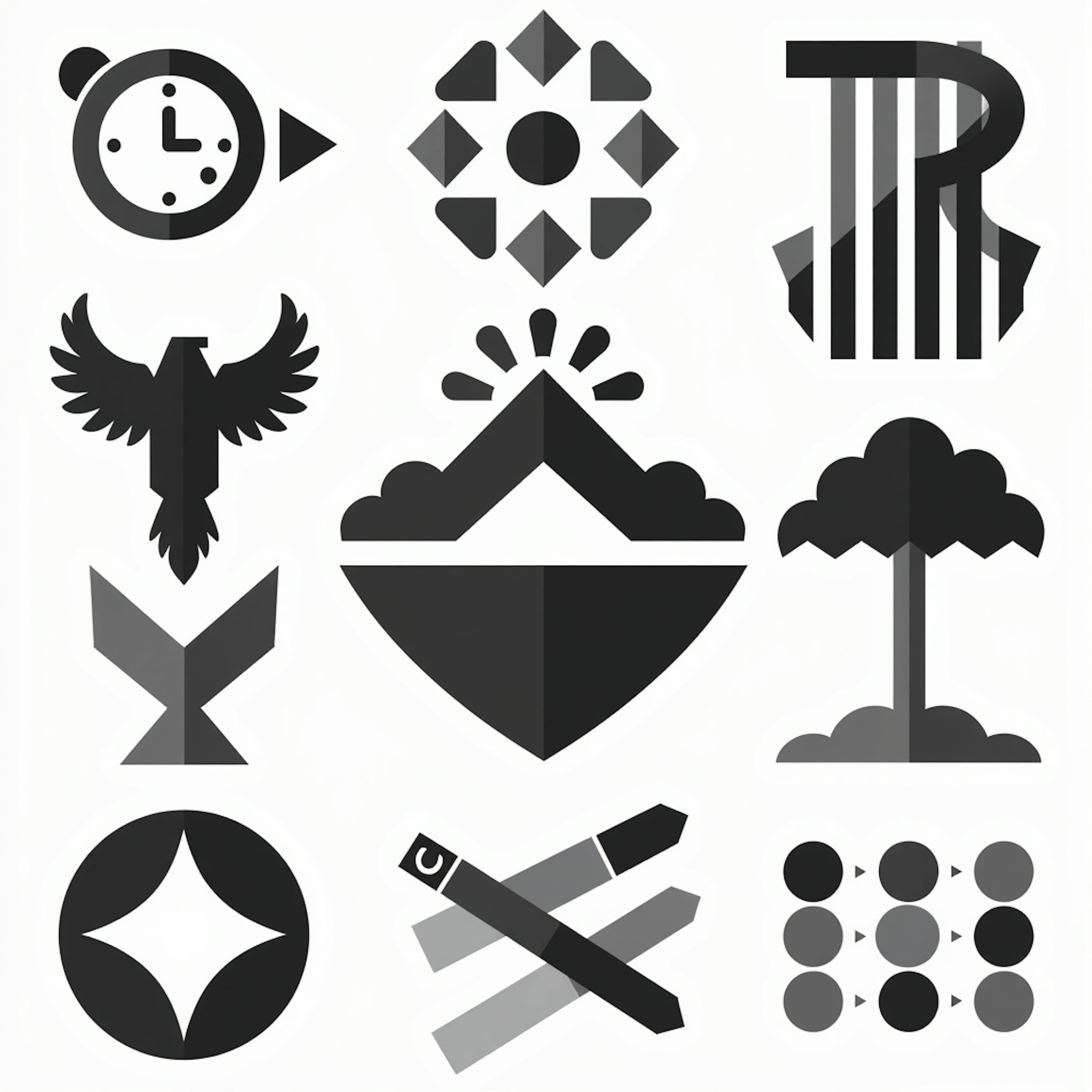 A collection of minimalist black and white icons, including shapes like trees, birds, and abstract symbols, serving as logo examples for modern branding designs.