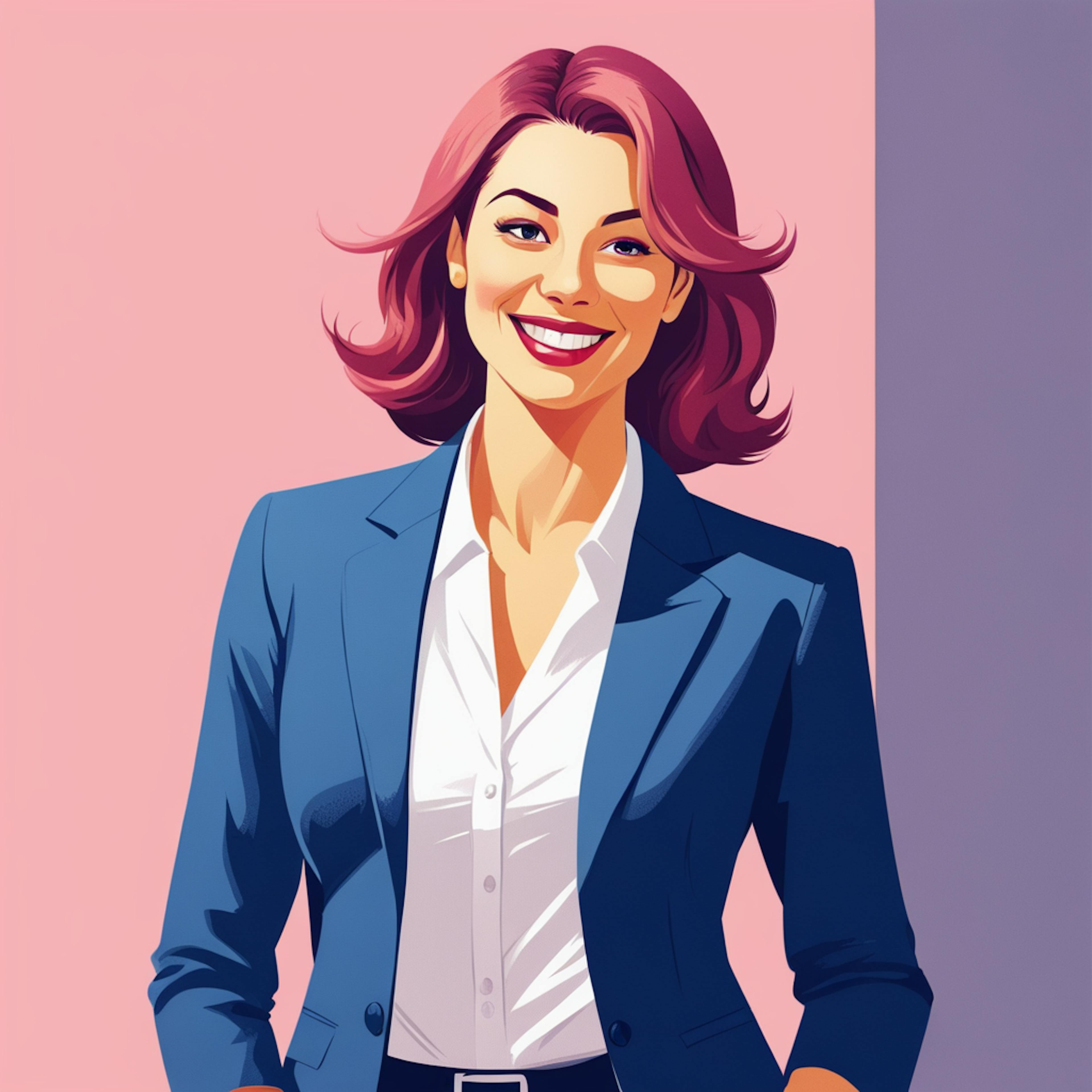 A confident woman in a professional suit, smiling against a pink and purple background, showcasing an engaging Instagram promotion ad example for personal branding.