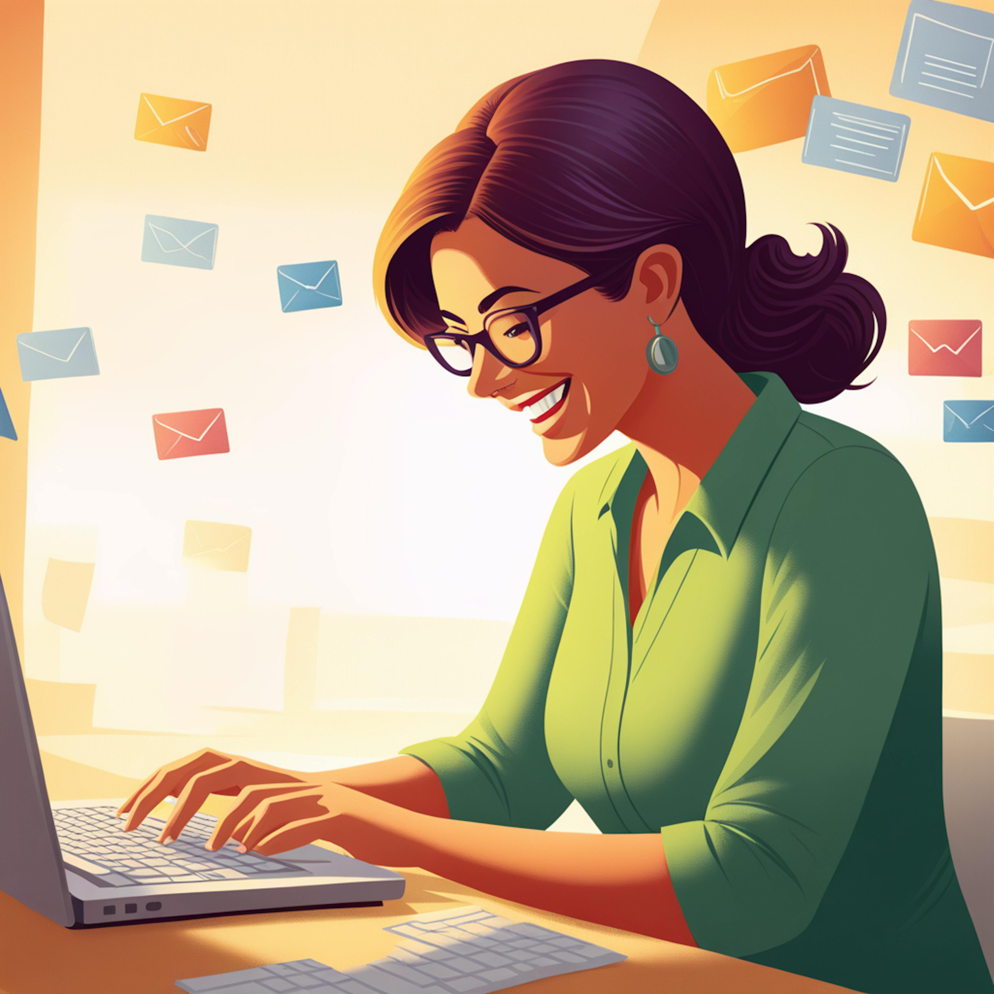 A cheerful woman in a green blouse typing on a laptop, surrounded by floating email icons, showcasing a vibrant landing page example for email marketing services.