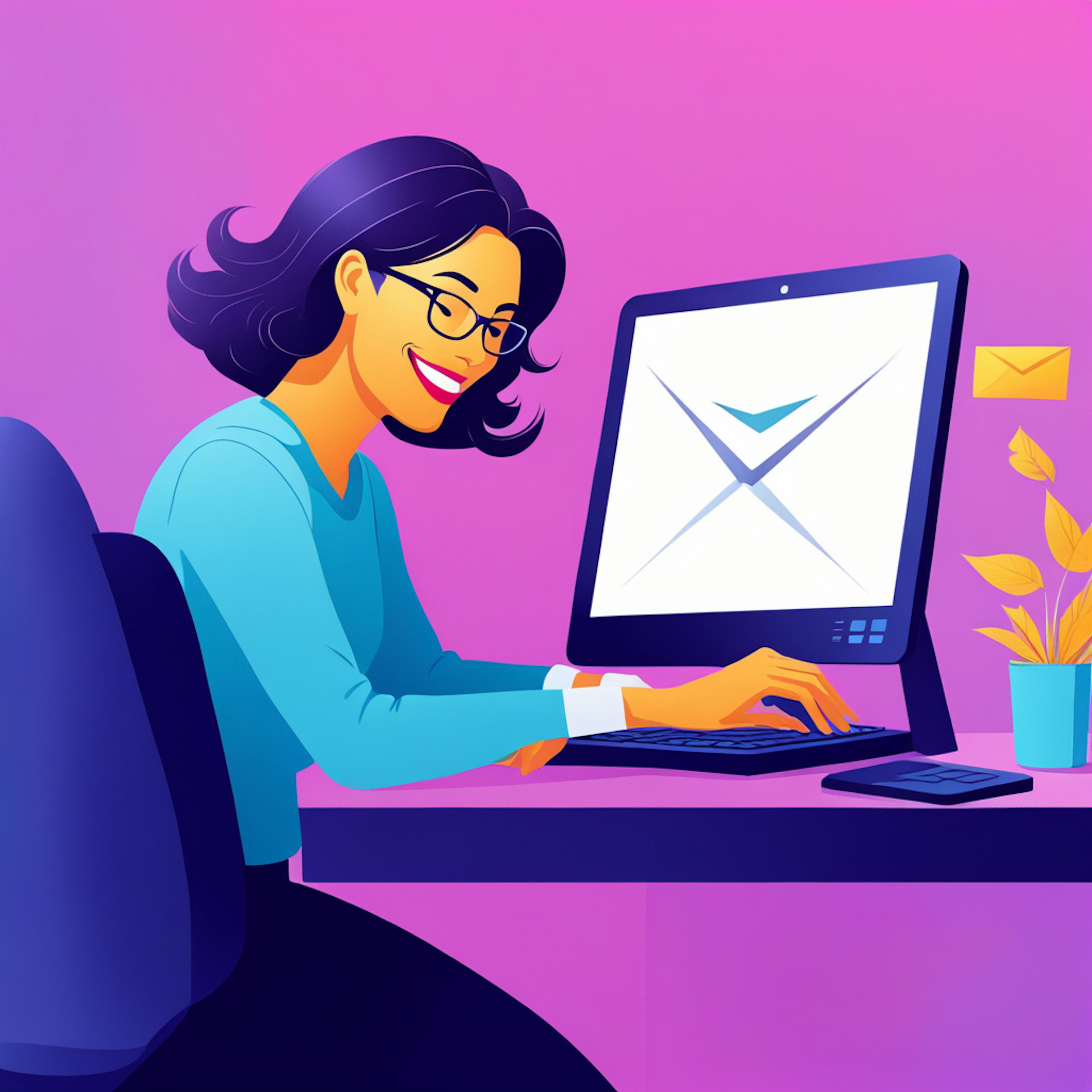 A smiling woman interacting with a sleek desktop computer, set against a vibrant pink and purple background, representing an engaging landing page example for digital communication platforms.