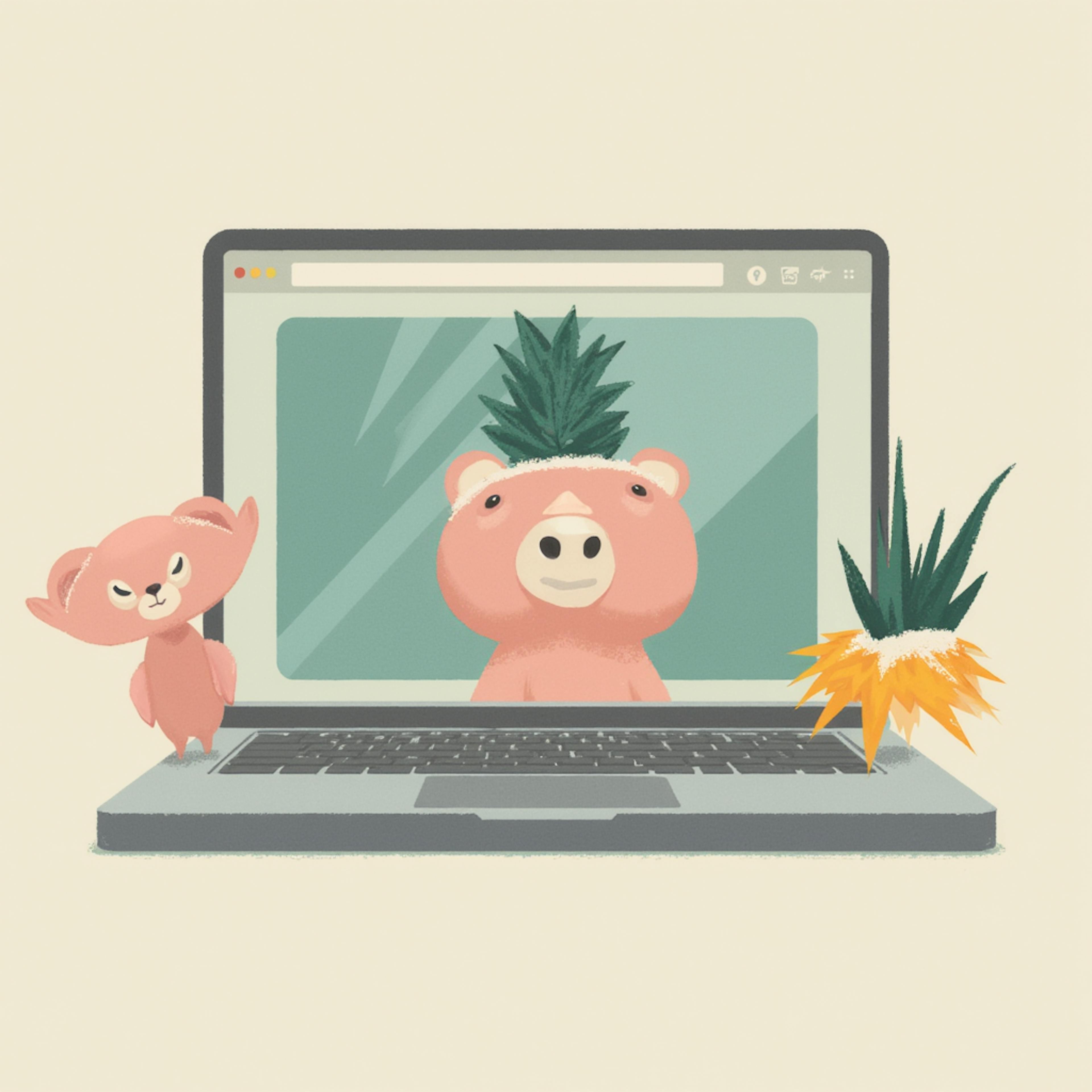 A whimsical illustration featuring two pink animal characters—a bear with a pineapple crown and a smaller mischievous companion—on a laptop screen, representing playful "logos artificial intelligence" creativity.