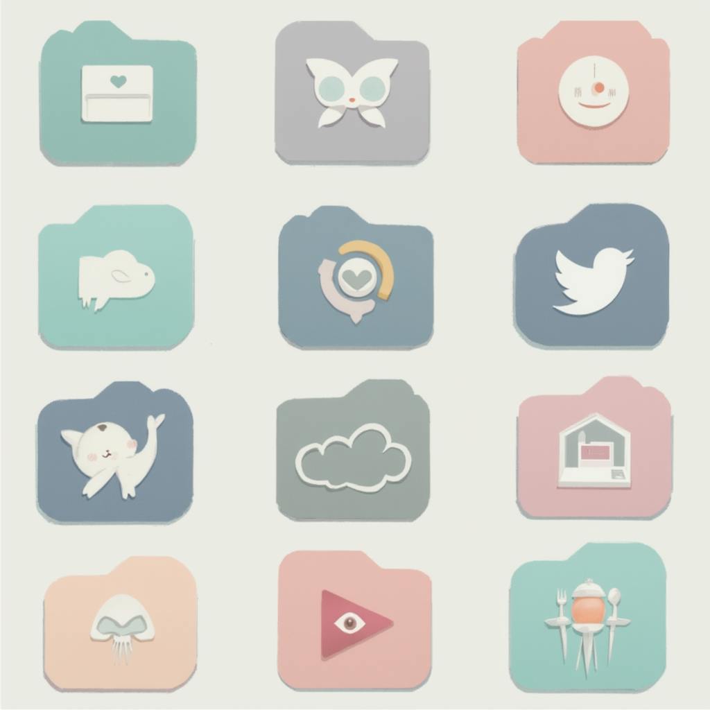 A pastel-themed collection of icons resembling folder designs, showcasing elements like a butterfly, cloud, and animal figures, symbolizing versatility and innovation in "logos artificial intelligence.