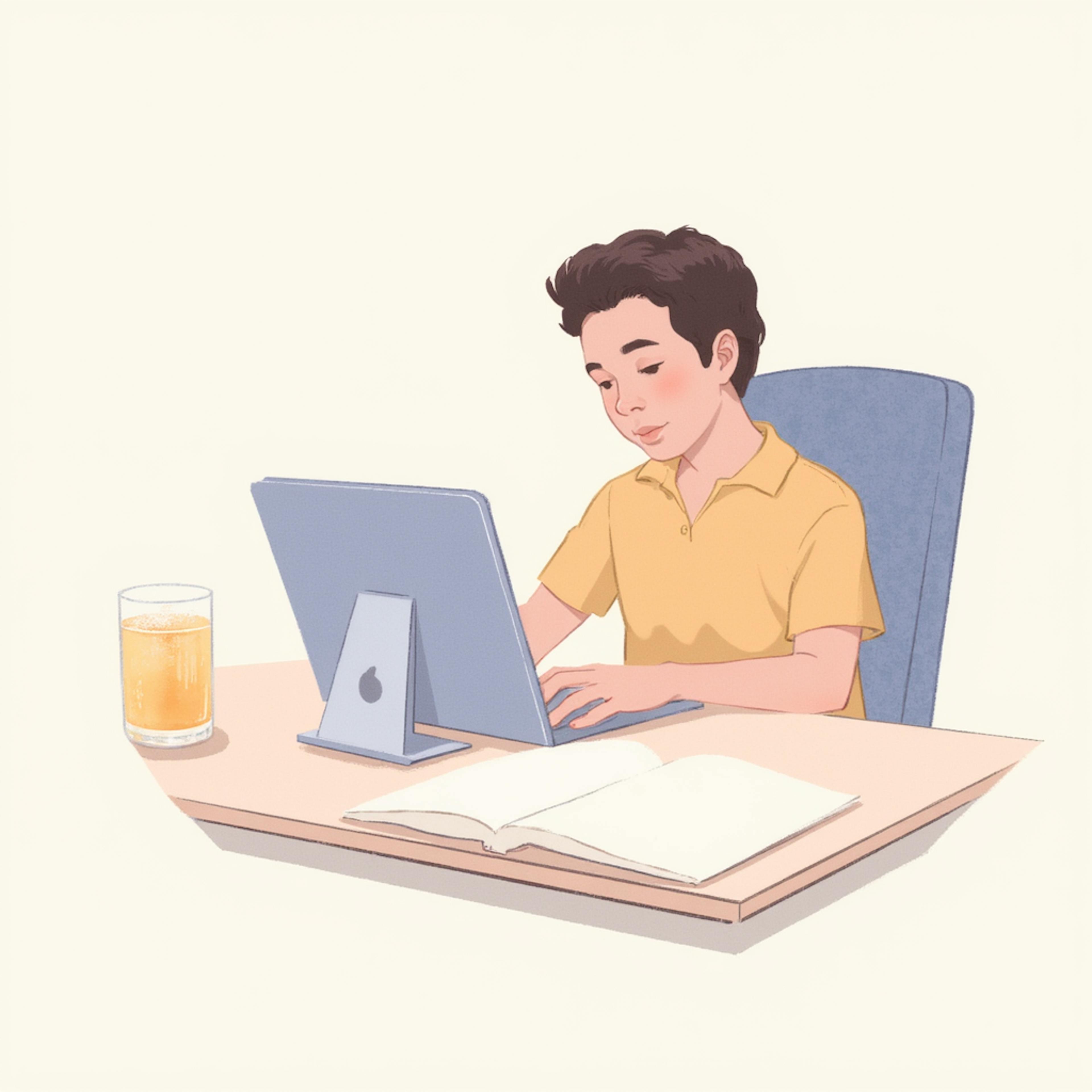 Minimalist representation of a boy using a tablet at a desk with a glass of juice, combining modern and traditional learning elements. Keywords: "modern iconography UI, study environment..