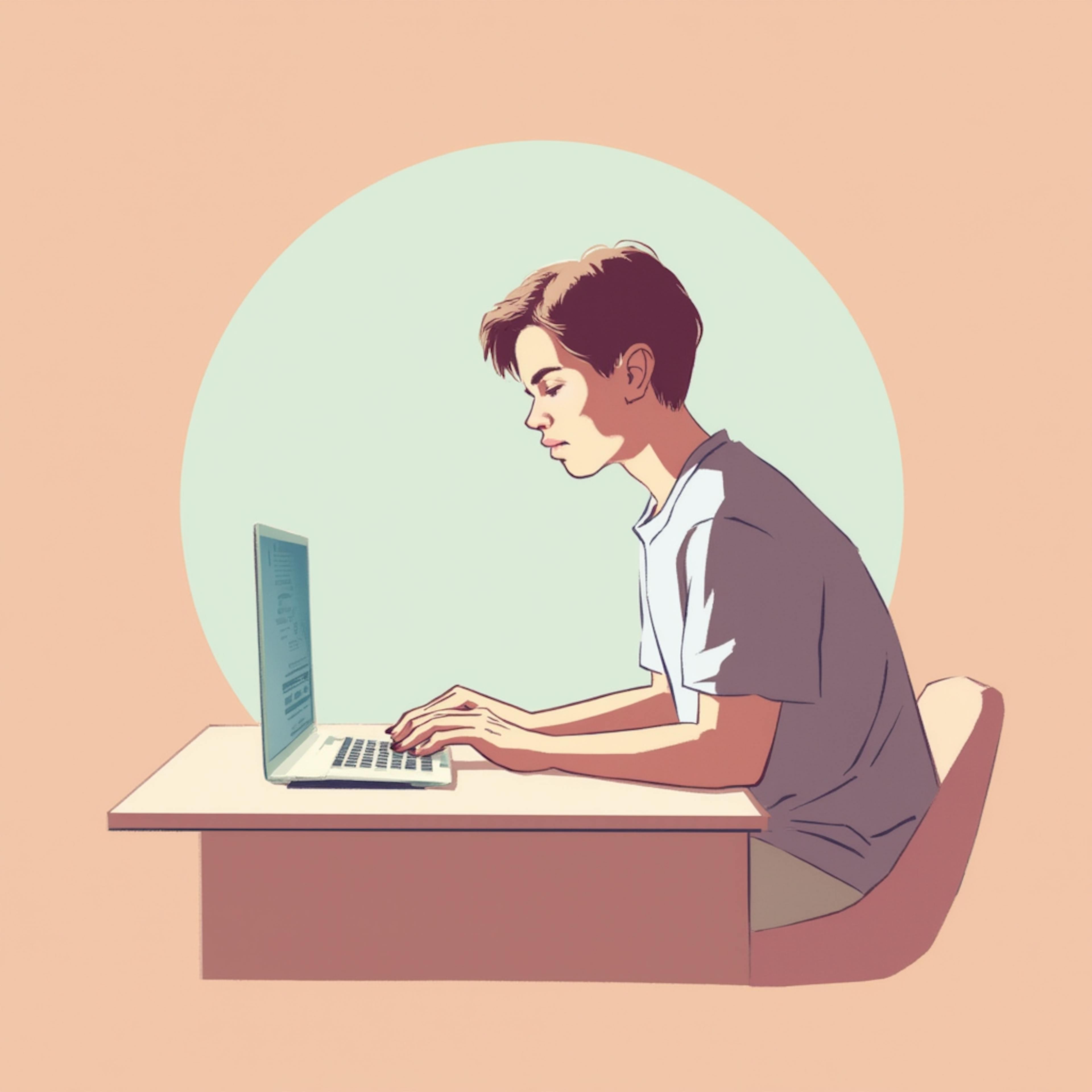 Illustration of a focused young professional typing on a laptop, surrounded by a pastel background. Keywords: "modern iconography UI, sleek workspace."