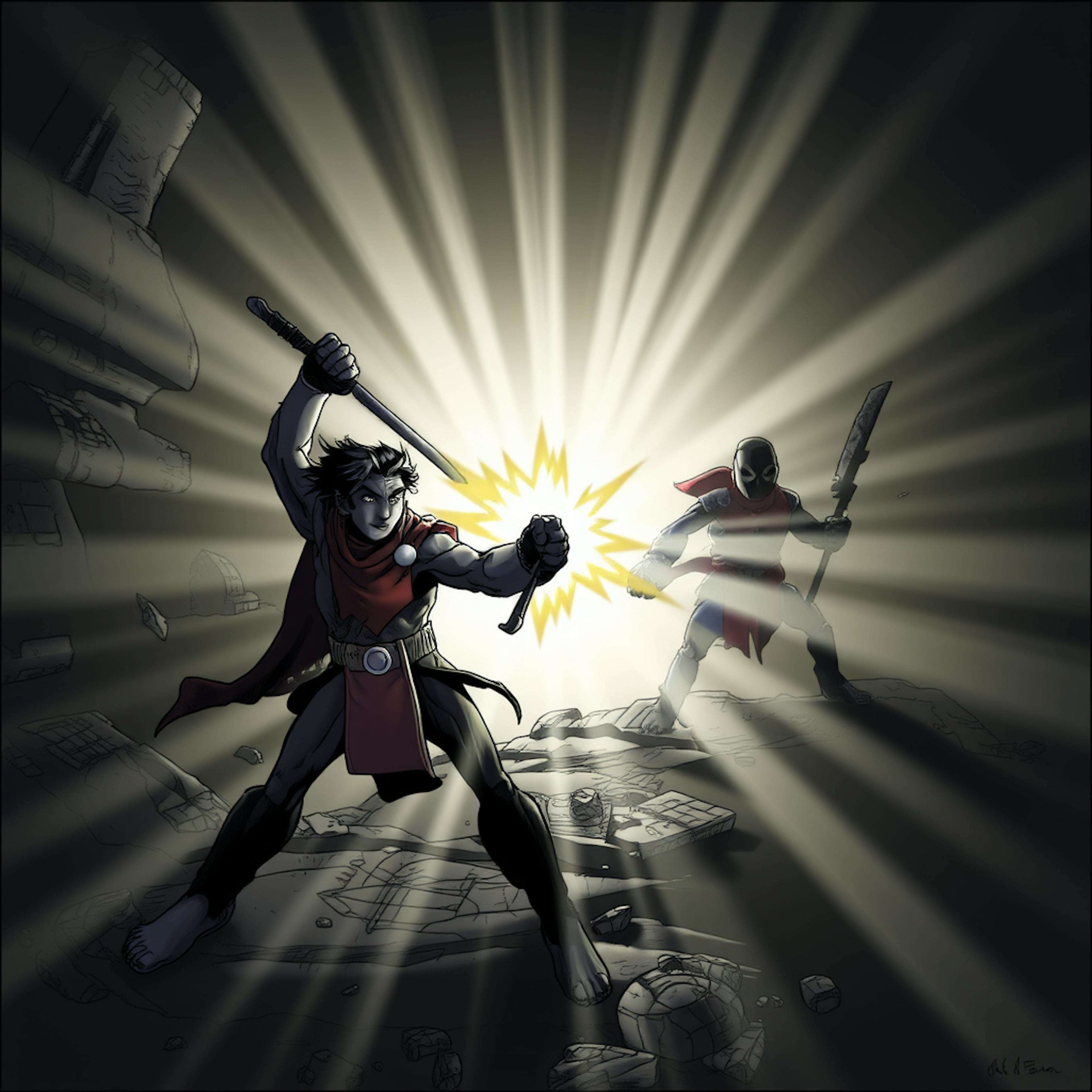 A dramatic battle scene showcasing two warriors in action, with dynamic lighting emphasizing their weapons and movements, embodying elements of motion design.