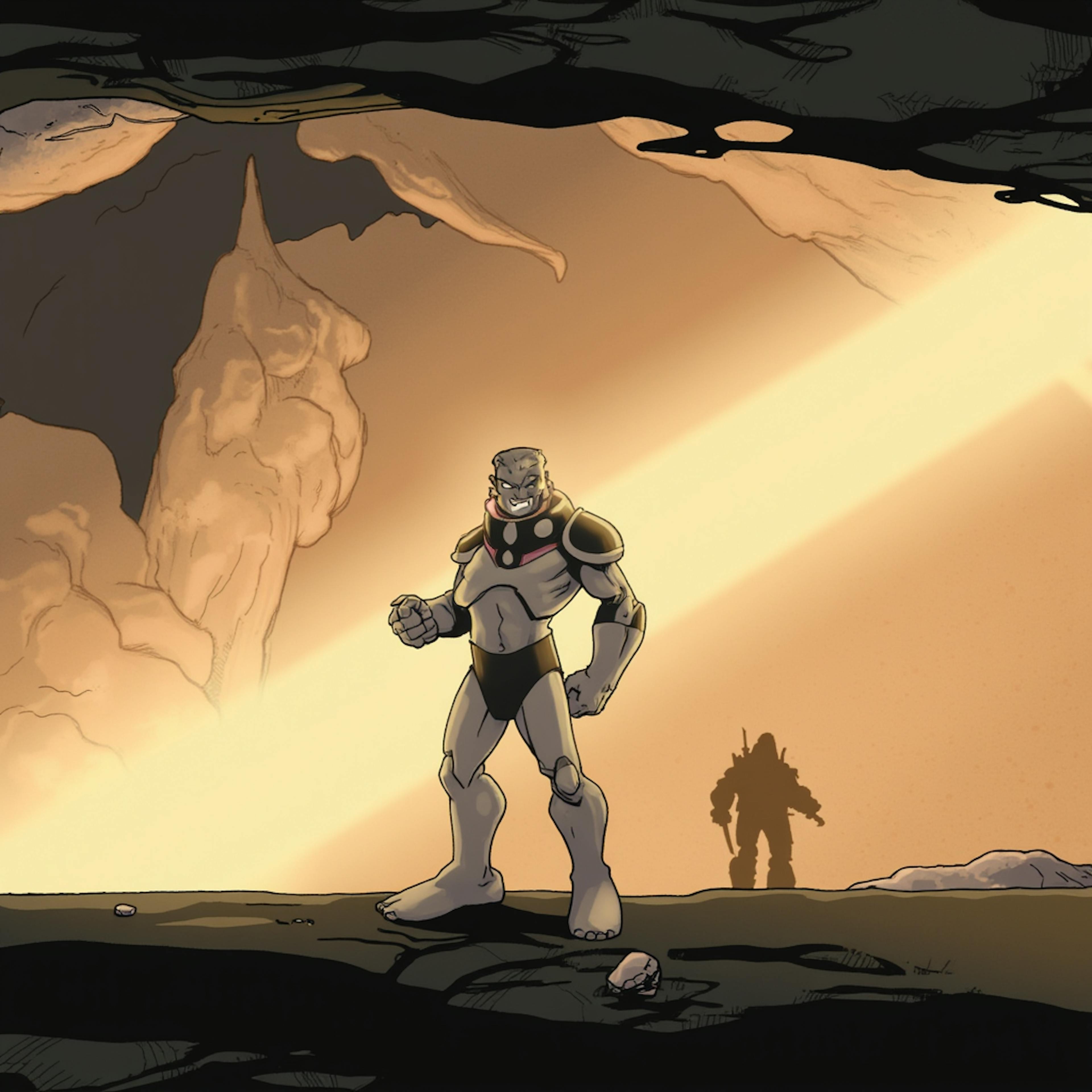 A solitary armored figure standing in a dimly lit cave, with a dramatic beam of light highlighting the character, illustrating storytelling through motion design.