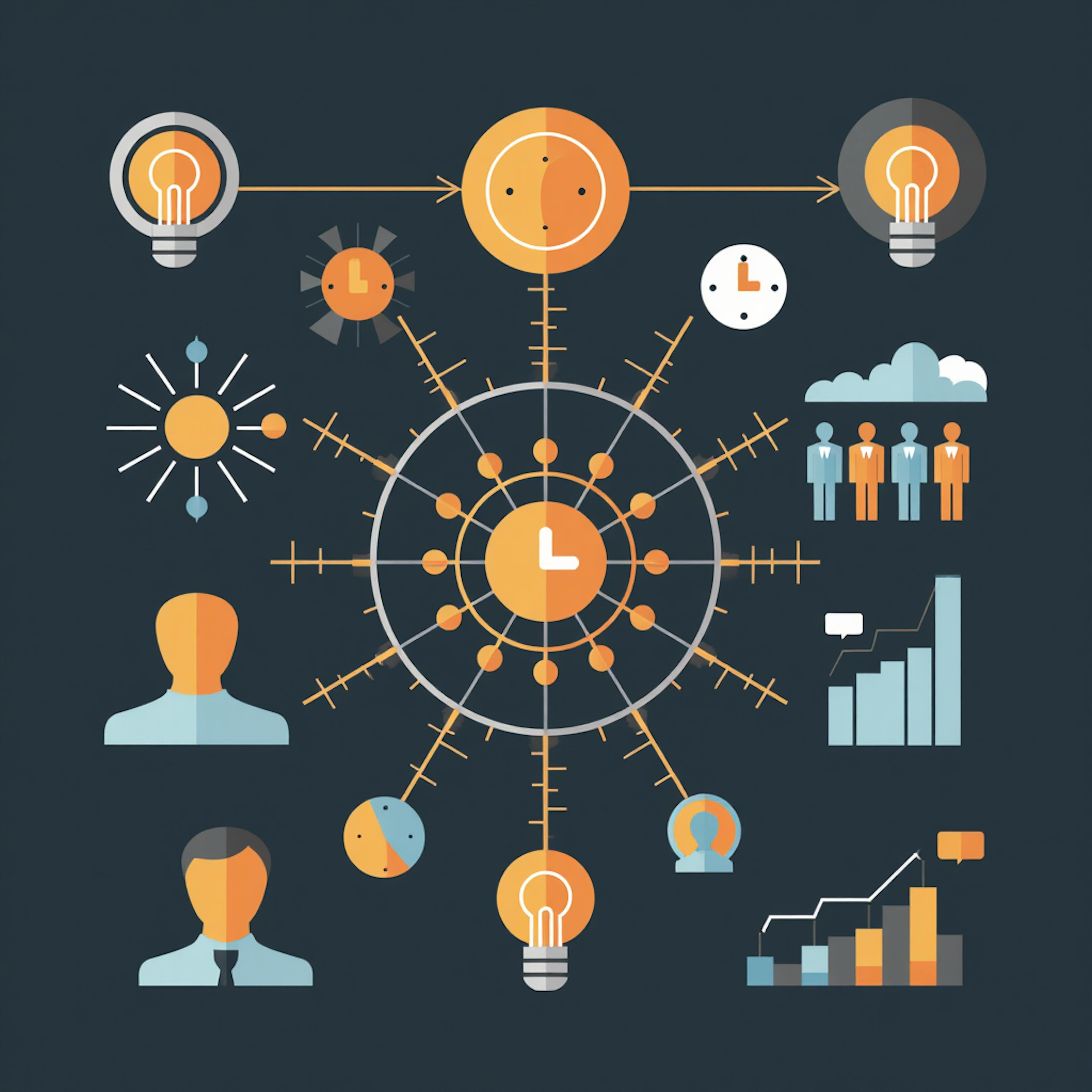 A conceptual infographic featuring interconnected icons of light bulbs, clocks, and bar charts, symbolizing innovation, time management, and business growth. Keywords: "professional infographic, innovation visualization, business growth."