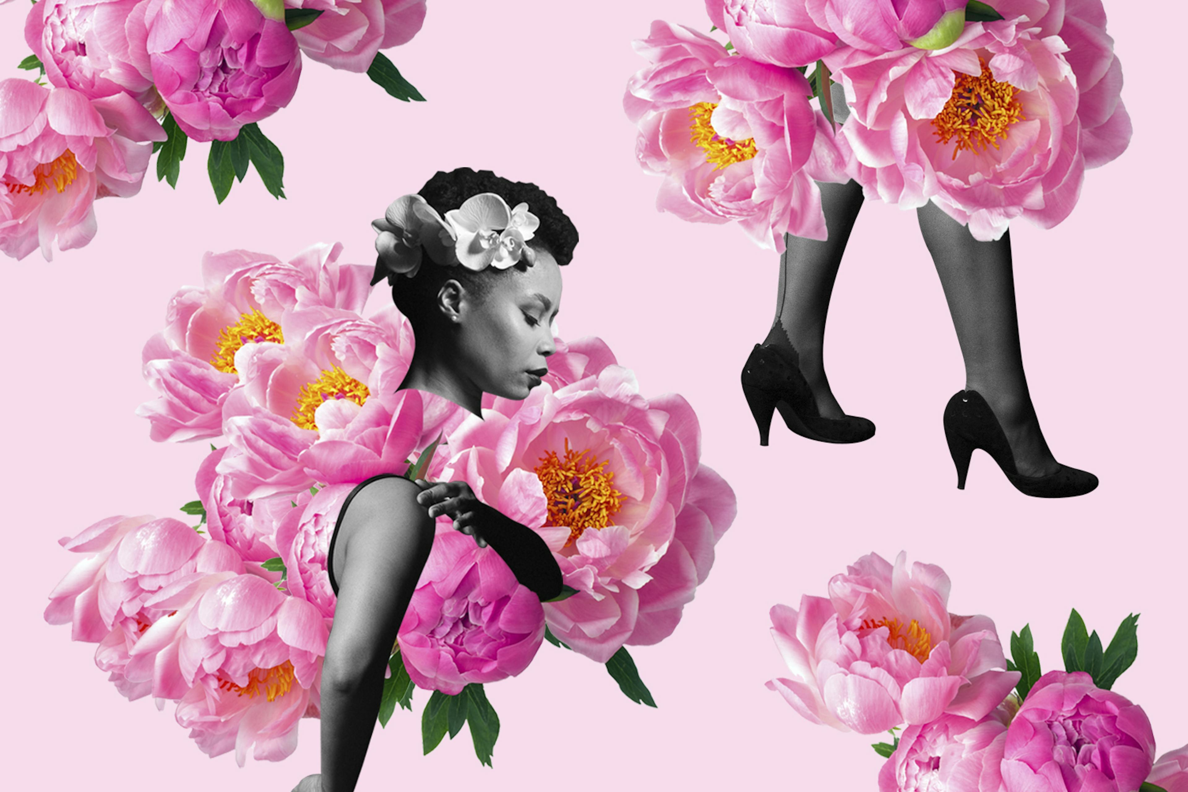 Collage of a woman interlaced with flowers