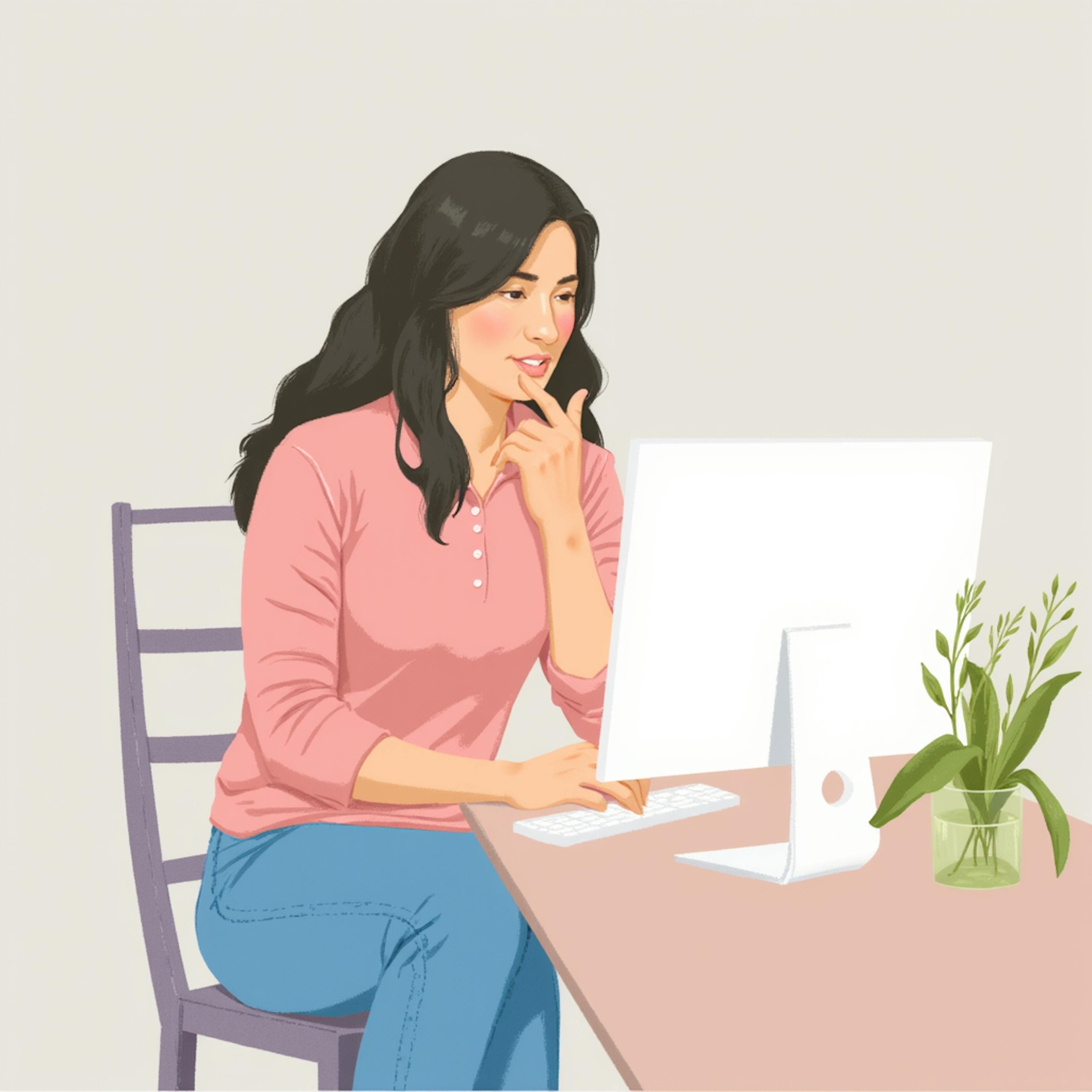 A digital painting of a woman in a pink shirt sitting at a desk, thoughtfully working on a computer. This scene symbolizes strong brand identity examples in branding strategy, where visual elements and brand colors help maintain a cohesive identity.