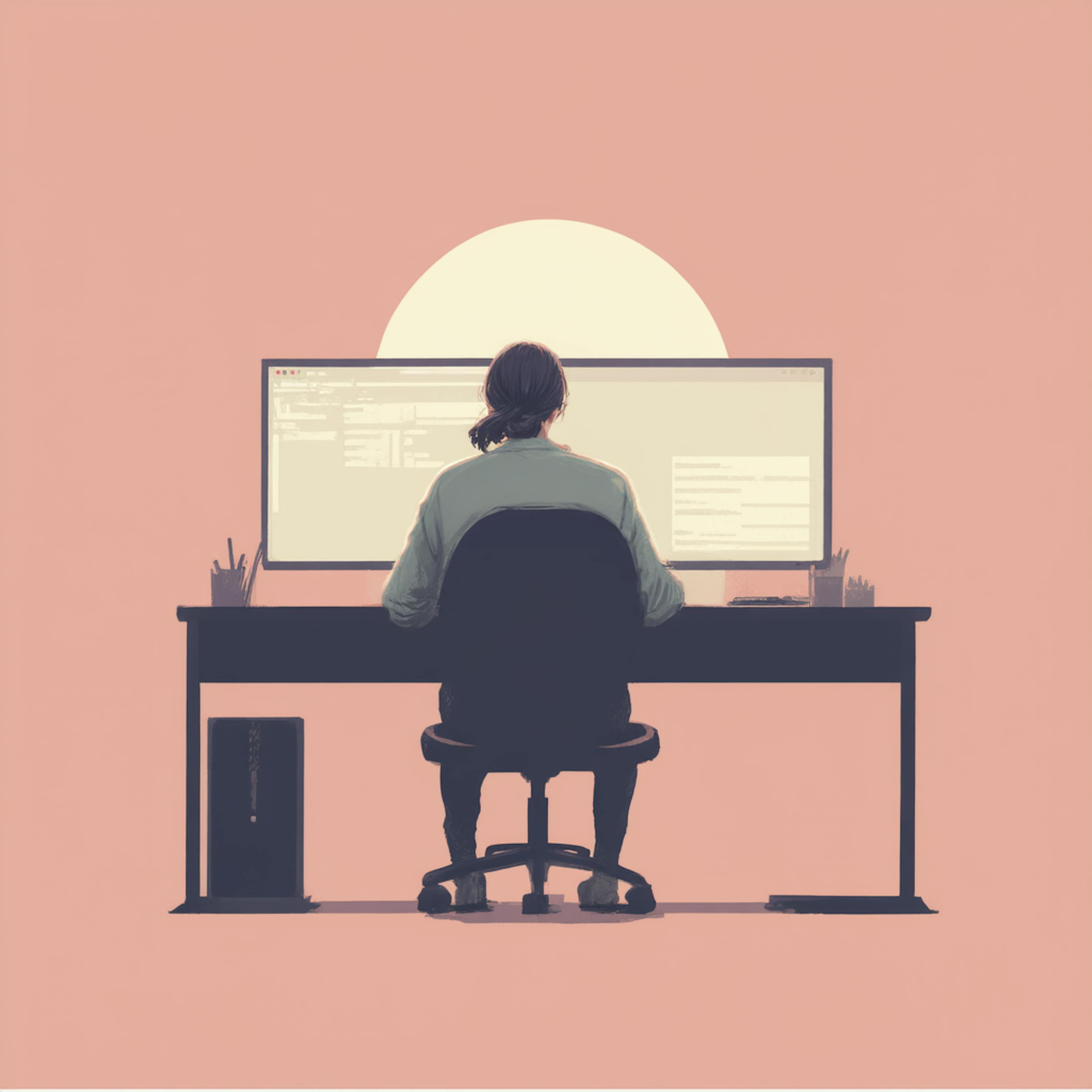 A digital painting of a woman in a pink shirt sitting at a desk, thoughtfully working on a computer. This scene symbolizes strong brand identity examples in branding strategy, where visual elements and brand colors help maintain a cohesive identity.