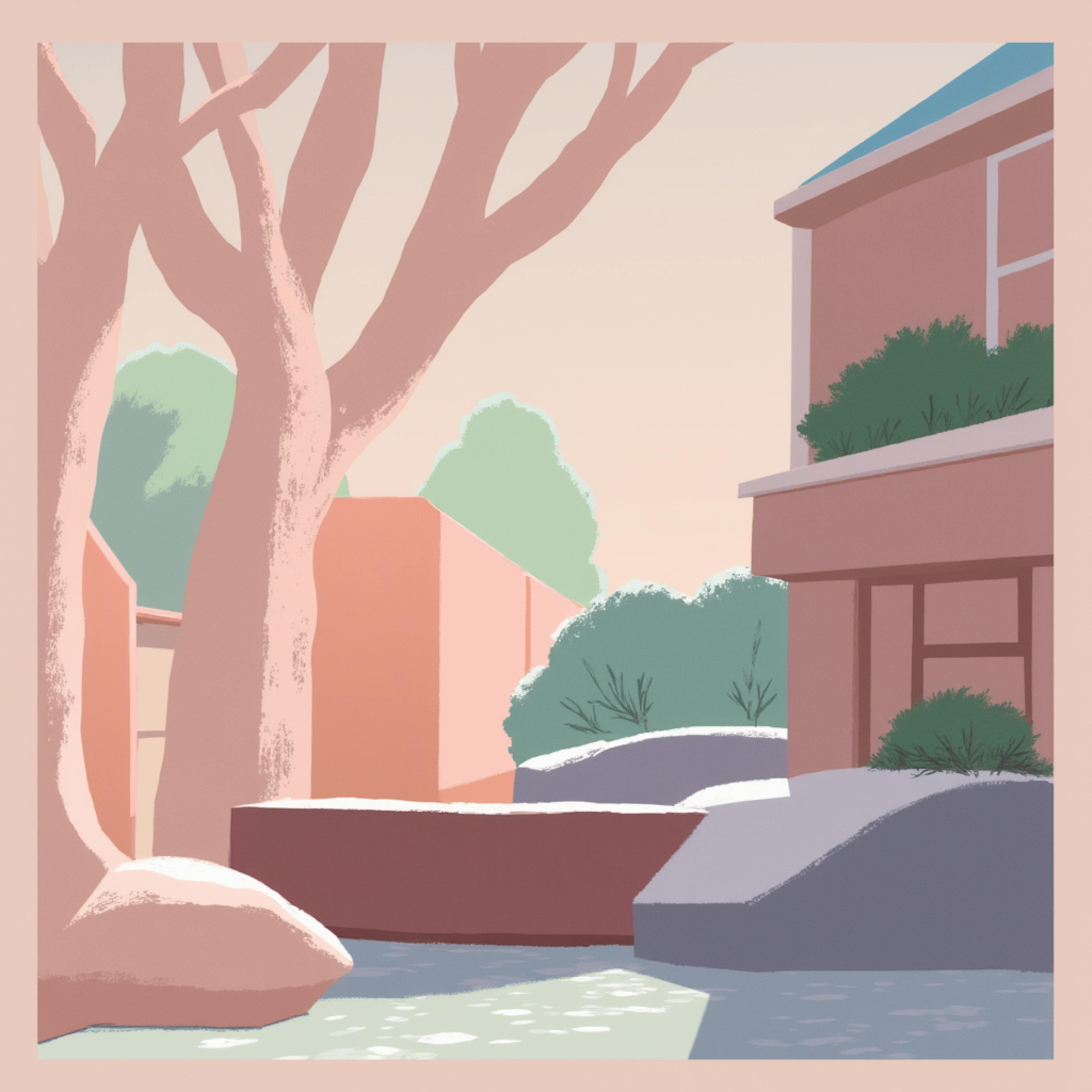 A stylized digital illustration of a serene architectural setting with modern buildings, trees, and a water feature. This visual reflects the power of 3 steps of design—planning, structure, and aesthetics—showing how thoughtful composition creates harmonious environments.