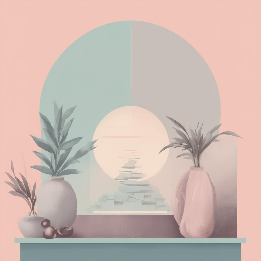 A digital painting featuring an abstract interior still life with plants, a decorative archway, and a glowing sunset in the background. The power of 3 steps of design is illustrated through balance, contrast, and depth, creating a visually engaging and calming scene.
