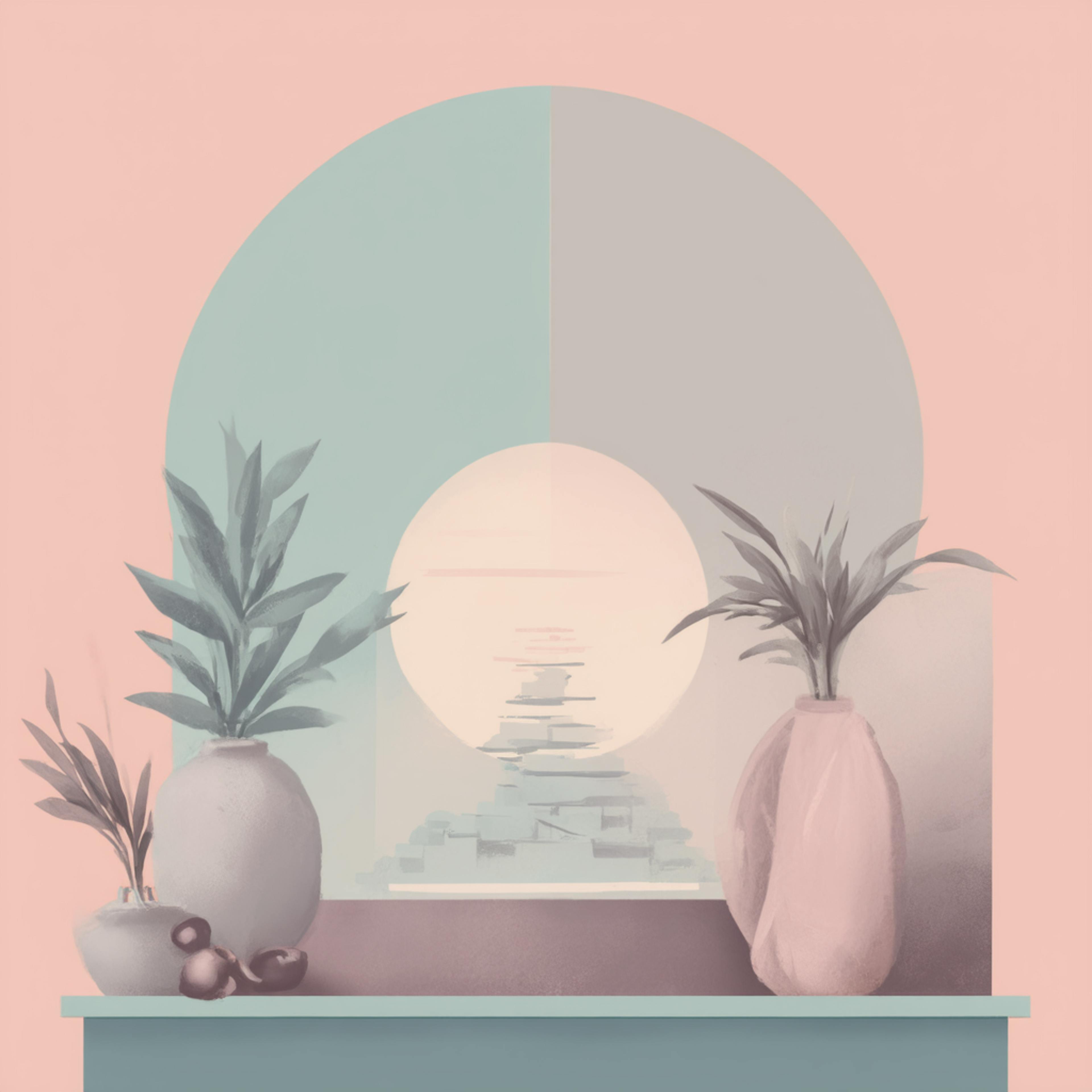 A digital painting featuring an abstract interior still life with plants, a decorative archway, and a glowing sunset in the background. The power of 3 steps of design is illustrated through balance, contrast, and depth, creating a visually engaging and calming scene.