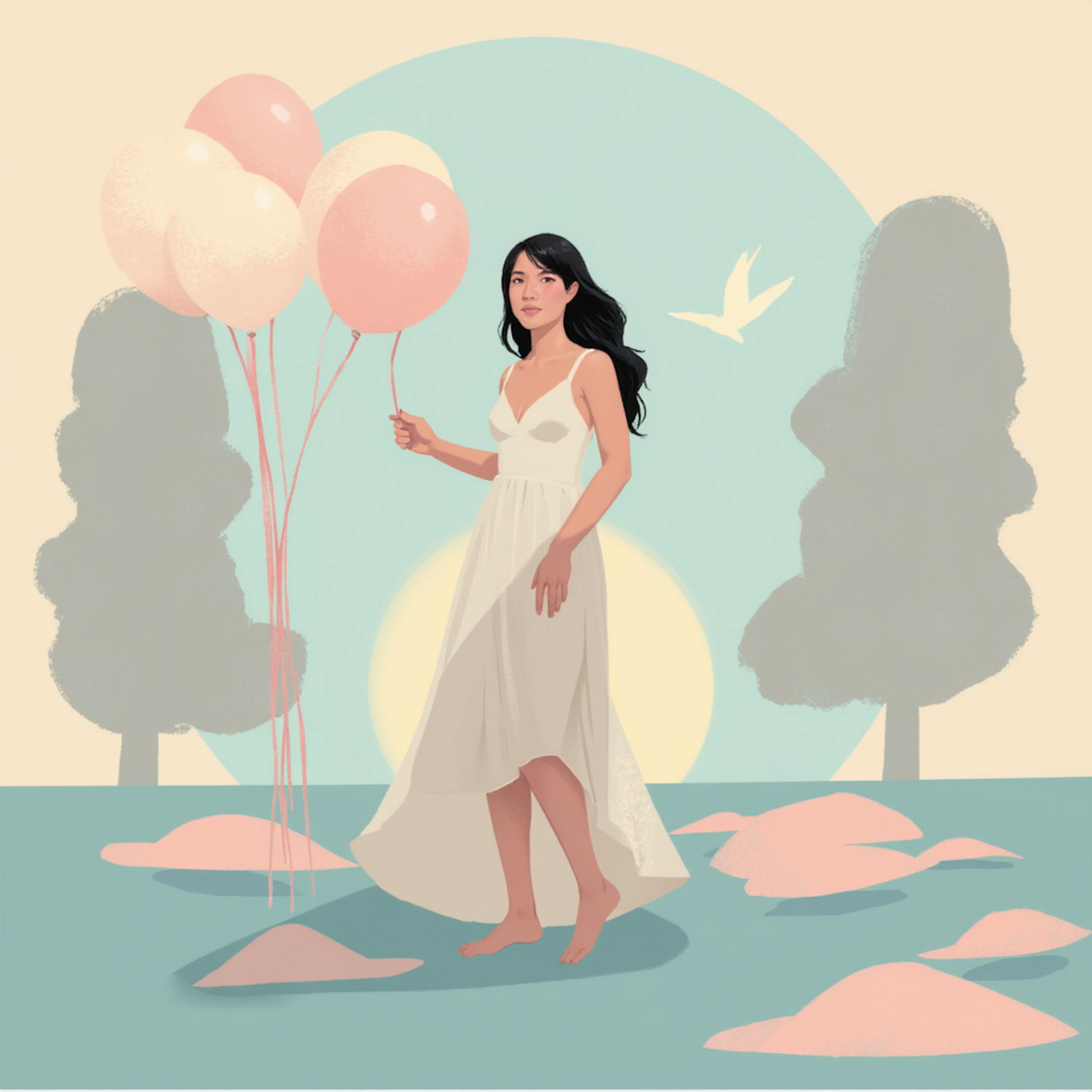 A digital illustration of a woman in a flowing white dress holding pastel balloons, standing in a surreal landscape with trees, a rising sun, and soft geometric elements. This composition represents the power of 3 steps of design—concept, execution, and refinement—resulting in a visually striking and harmonious artwork.