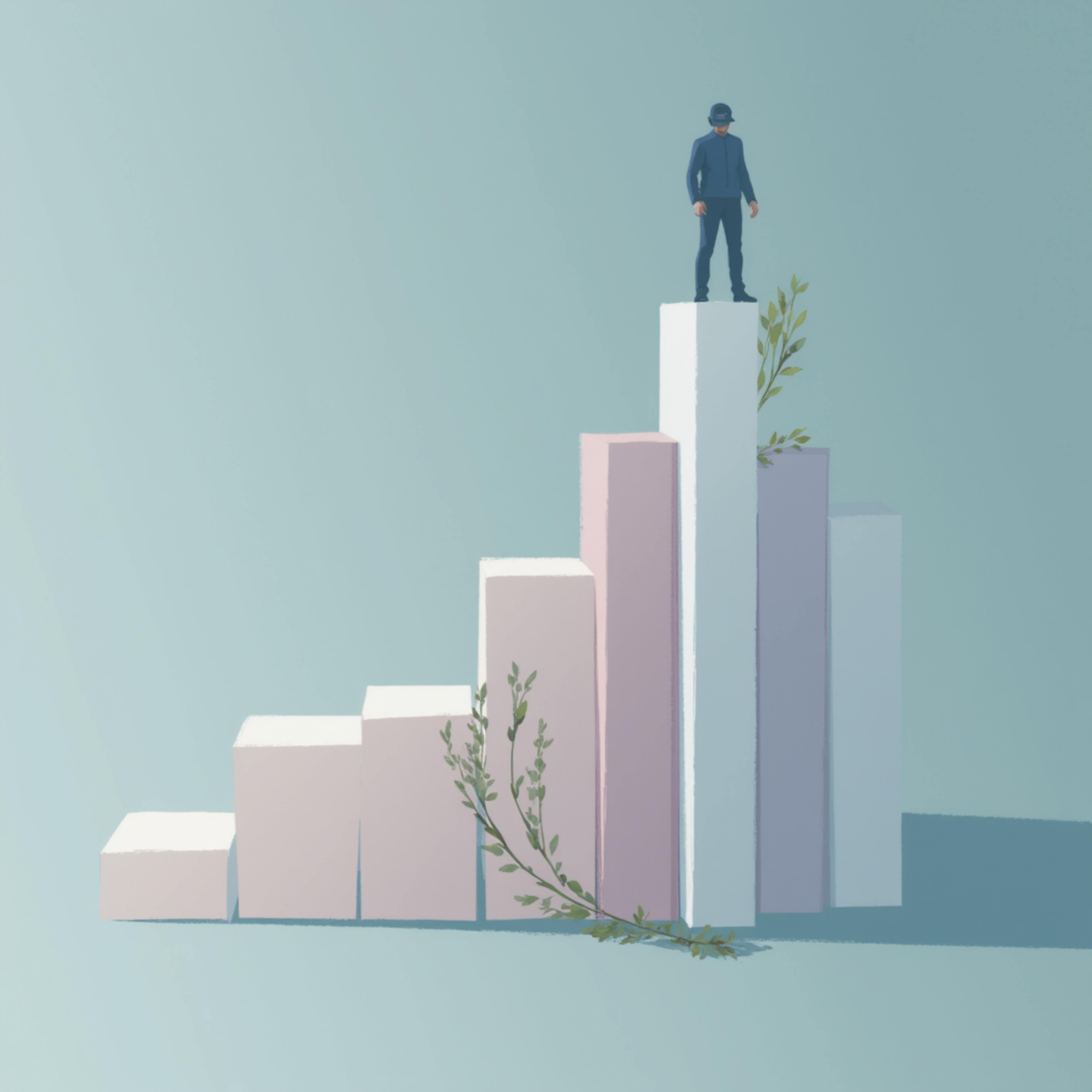 A digital illustration of a man standing on the tallest bar of a stylized bar graph, symbolizing business growth and success. This visual represents tips for content marketing, emphasizing data-driven strategies, performance tracking, and consistent brand messaging for sustainable growth.