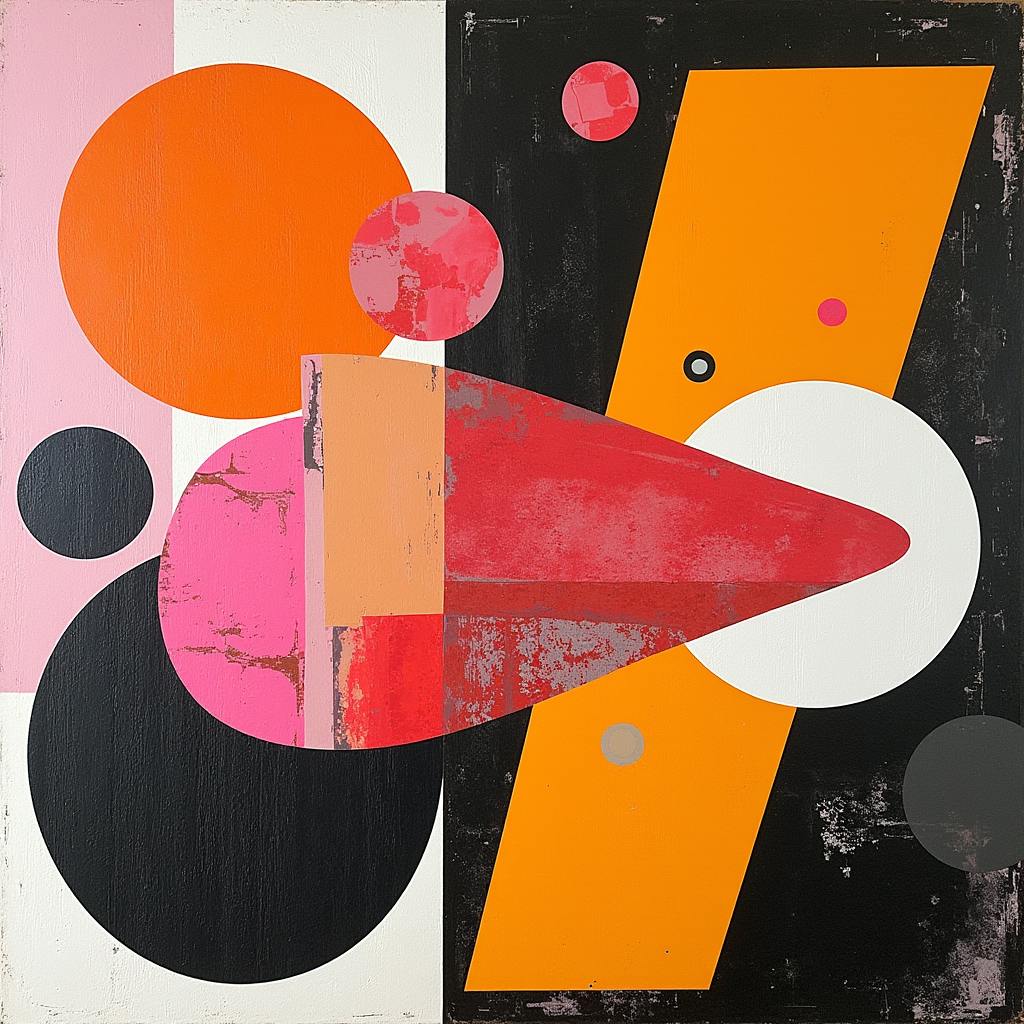 A striking abstract design featuring large overlapping geometric shapes in red, black, orange, and white. This image demonstrates understanding design hierarchy by emphasizing focal points through scale, contrast, and layering techniques.