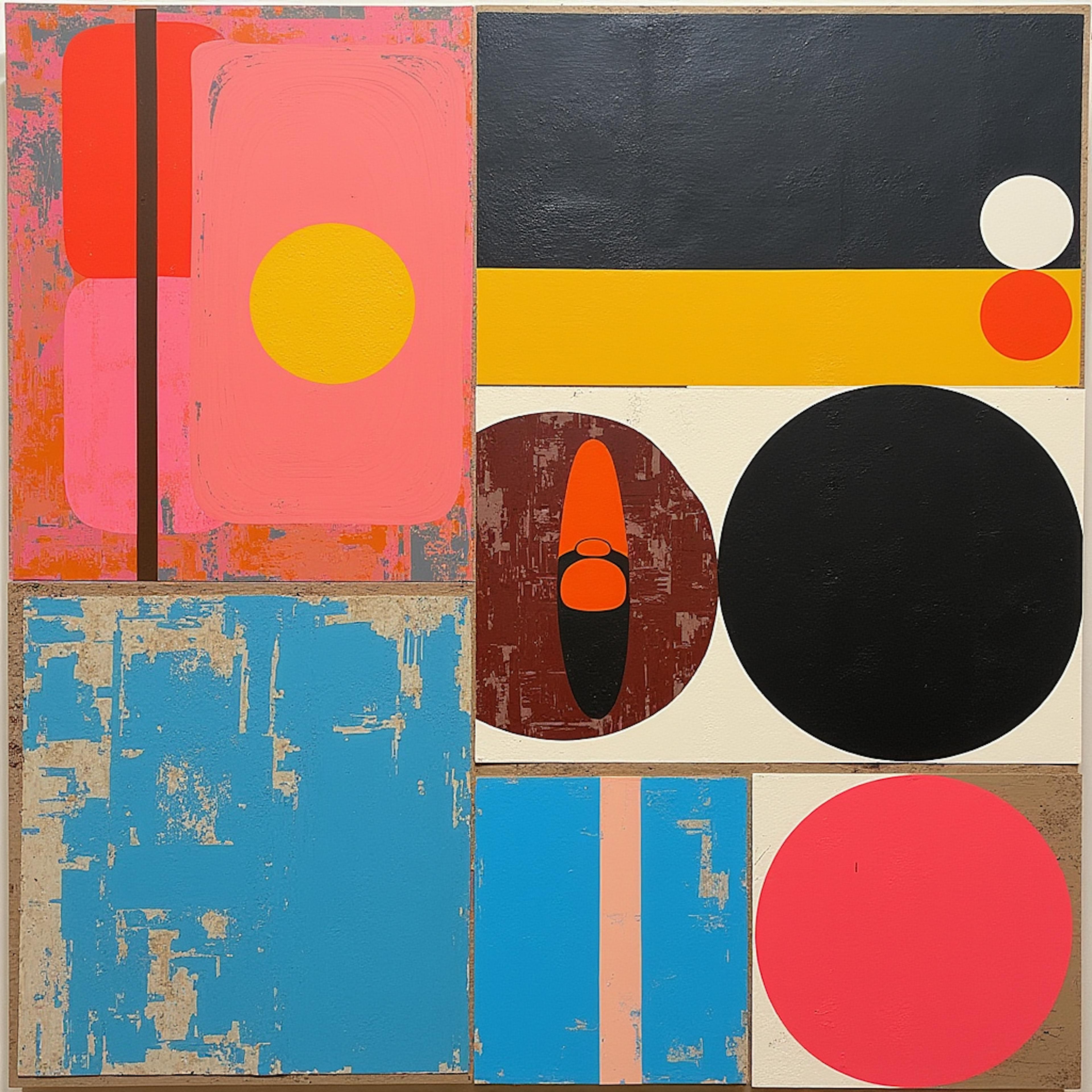 An abstract geometric artwork featuring a mix of circles, rectangles, and distressed textures in vibrant hues of pink, blue, black, and yellow. This composition illustrates the concept of understanding design hierarchy, showcasing how size, color contrast, and placement guide the viewer’s attention.