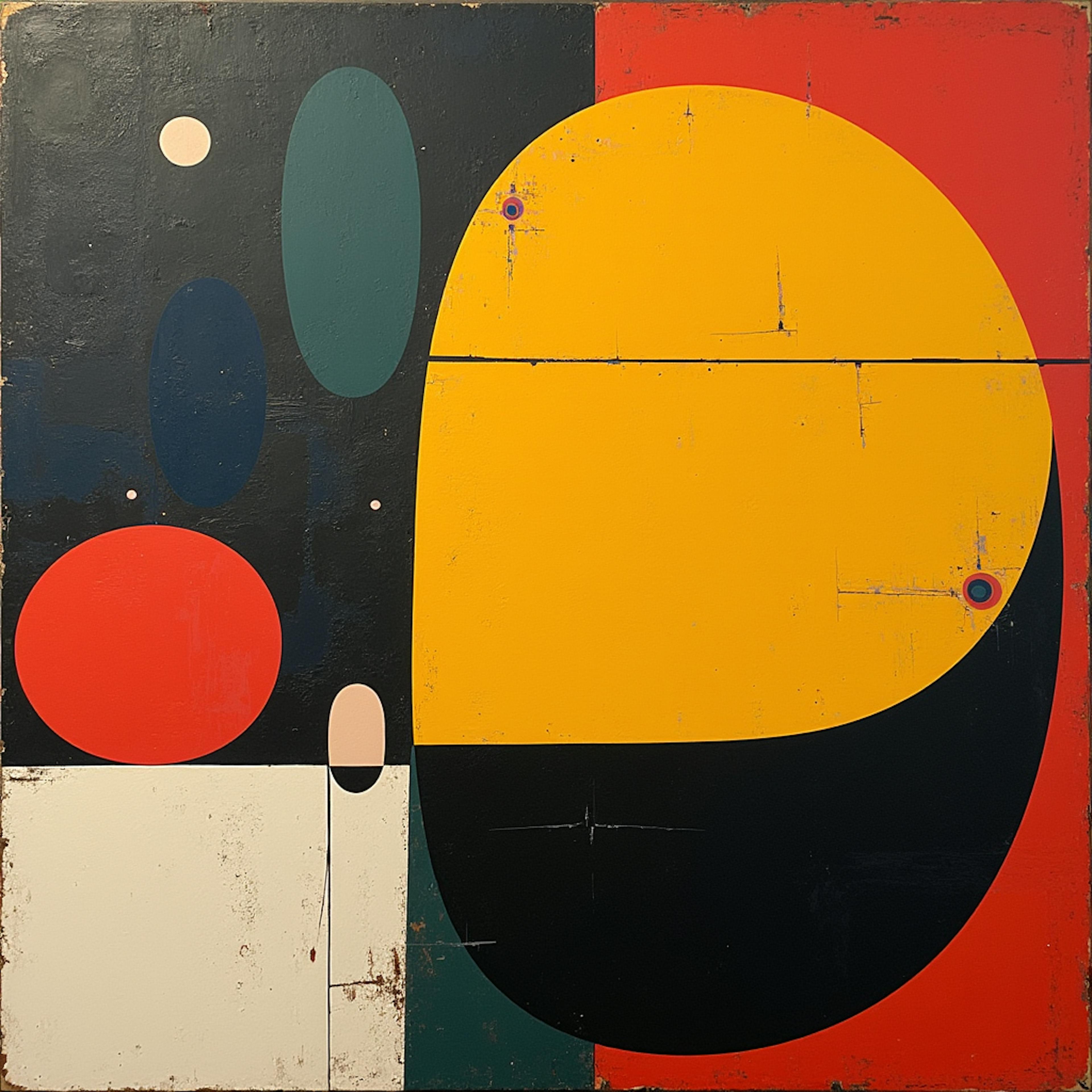 An abstract painting using large curved and oval shapes in yellow, black, red, and blue against a textured background. The image exemplifies understanding design hierarchy by utilizing dominant forms and strategic color contrast to create visual balance and emphasis.