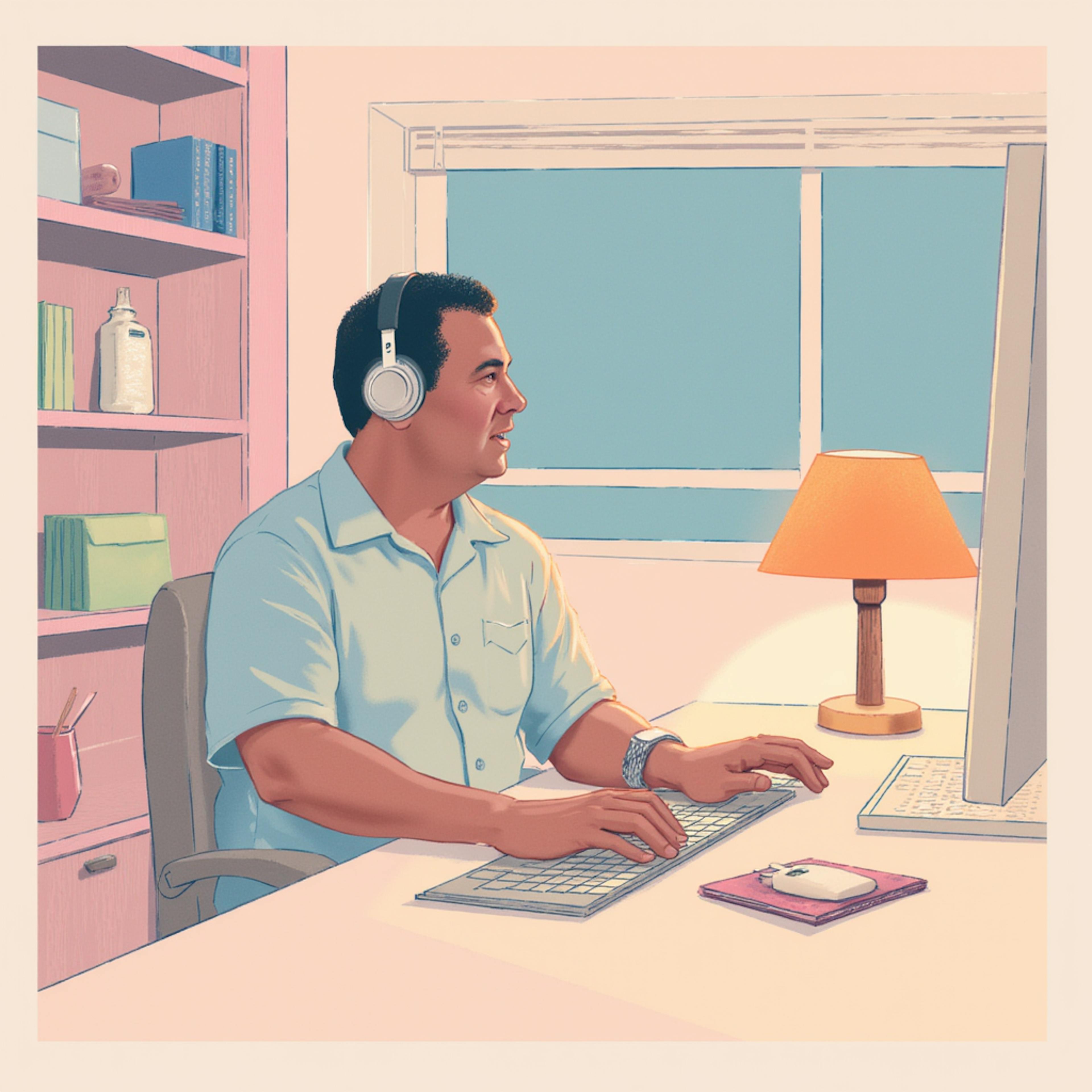 A man wearing headphones and a light blue shirt sits at a desk, typing on a keyboard while looking at a computer screen. A cozy home office setting with bookshelves, a lamp, and a window adds warmth to the scene. How to do prompts.