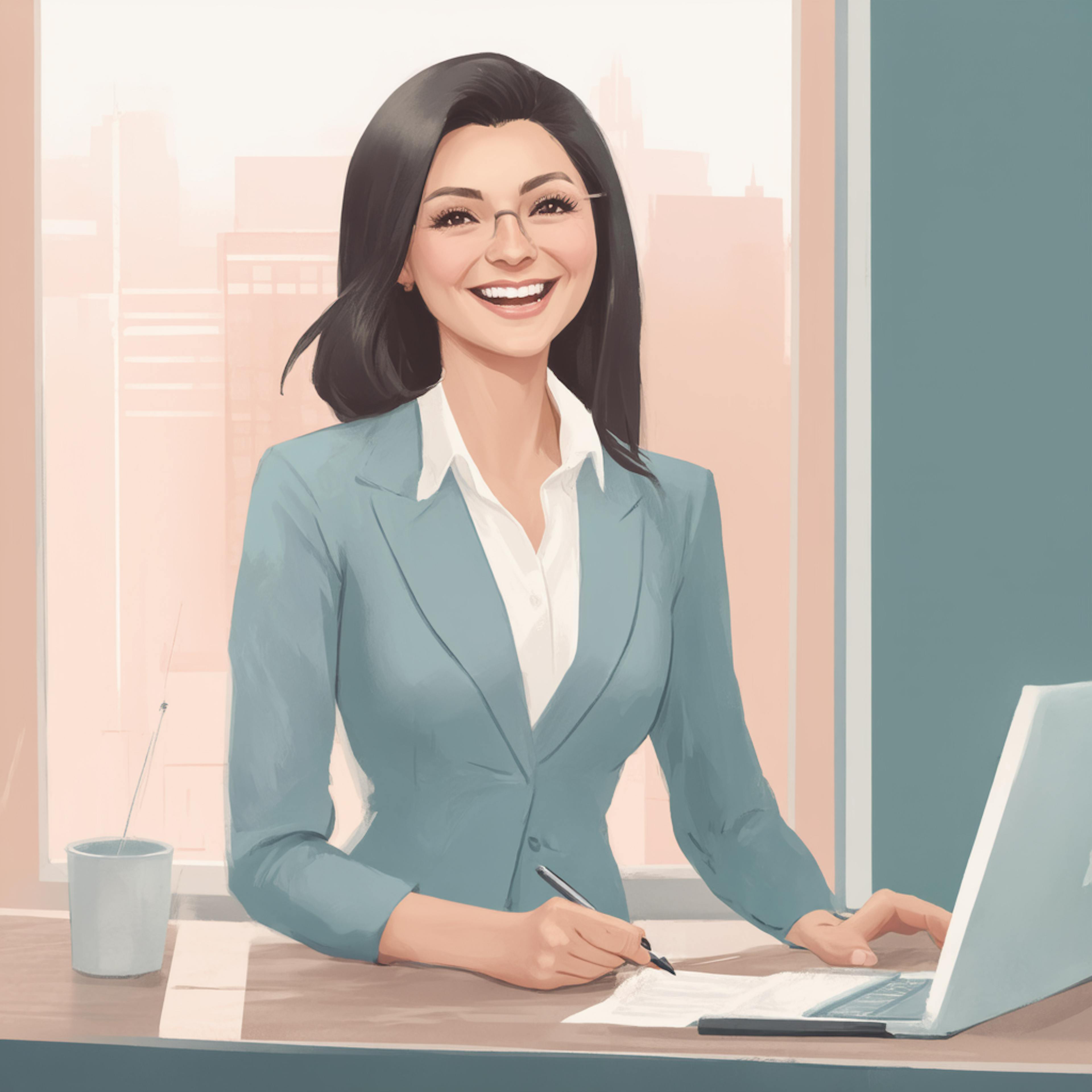 A professional woman with long dark hair, wearing a blue blazer and white shirt, sits at a desk with a laptop and paperwork, smiling confidently. A cityscape is visible through the large window behind her. How to do prompts.