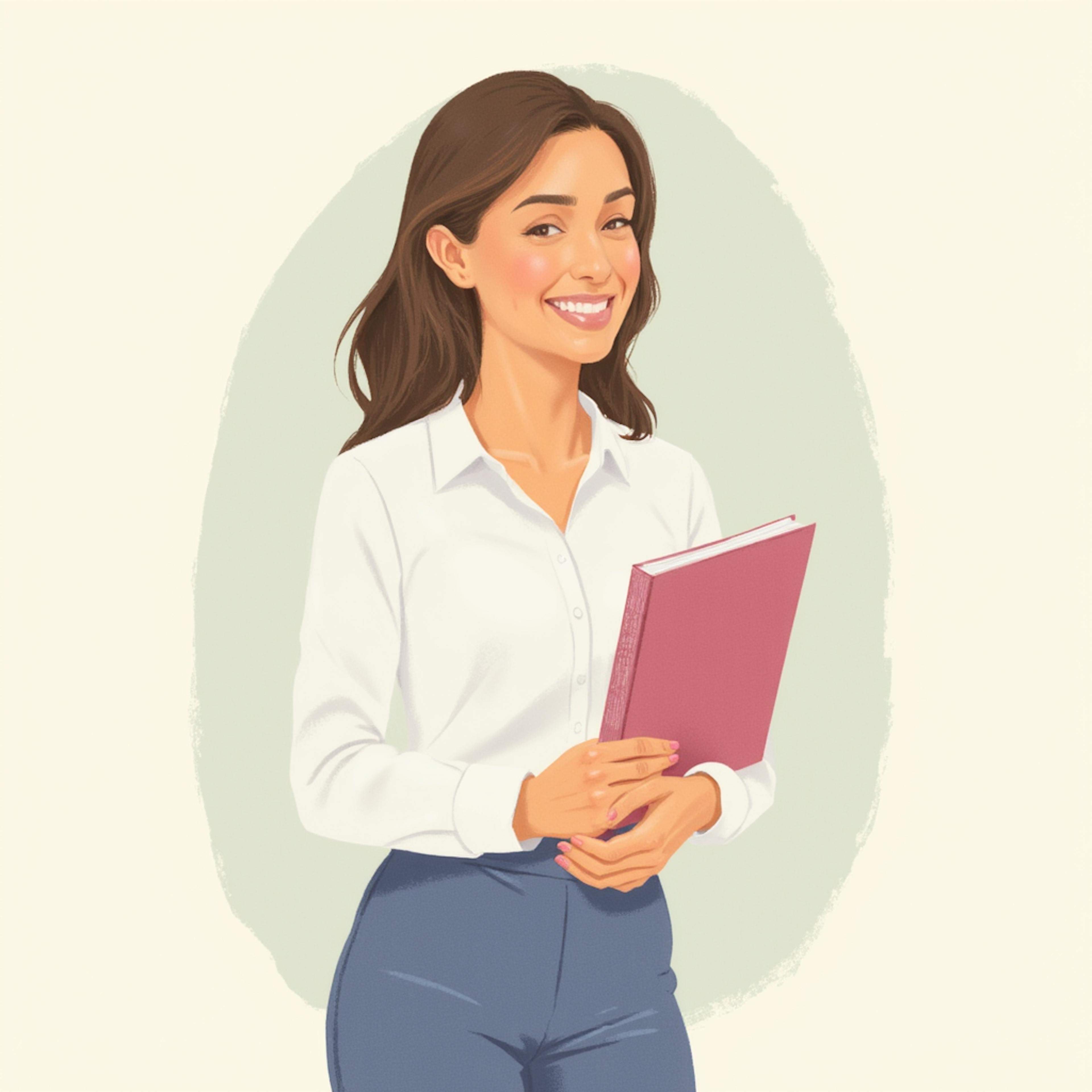 A young woman with long brown hair, dressed in a white blouse and blue pants, holds a pink book while smiling warmly. The background is soft and minimalistic. How to do prompts.